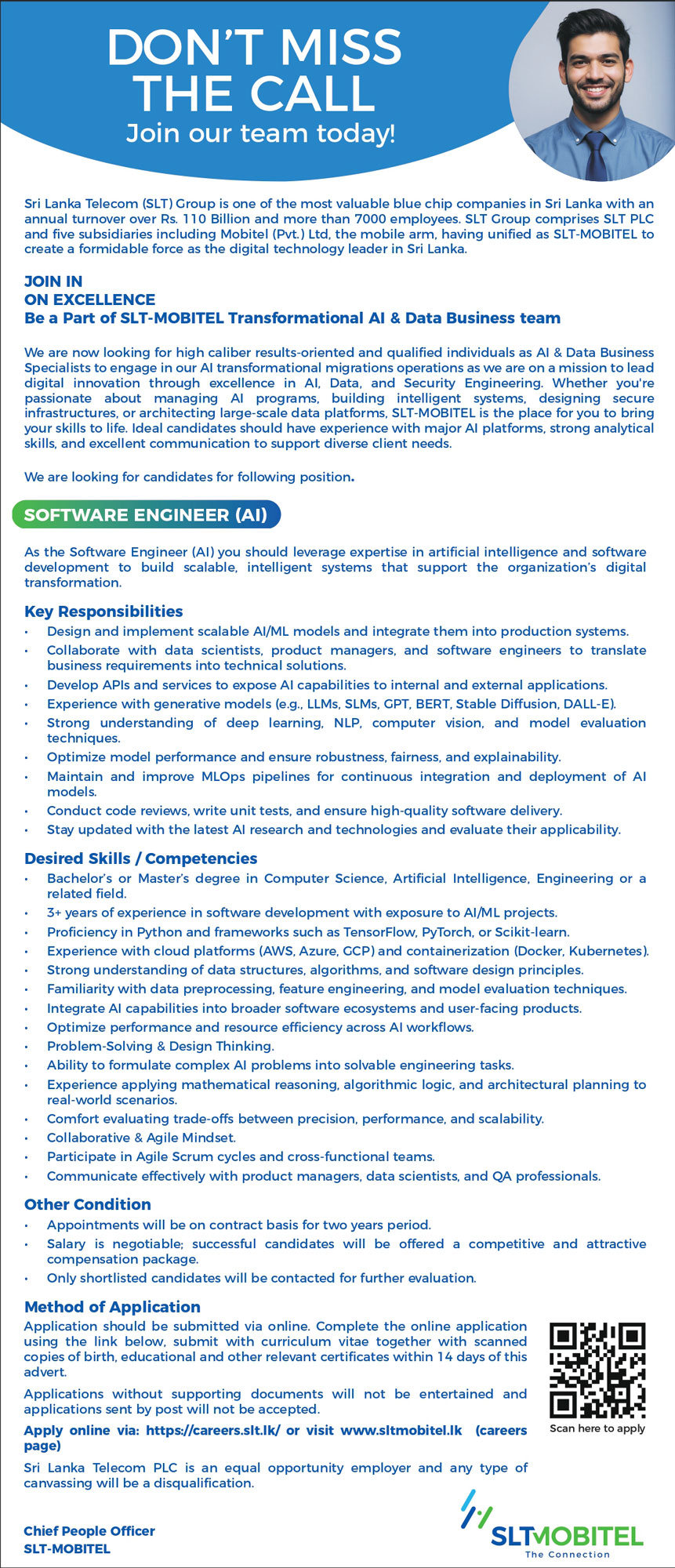 Data & AI Security Engineer, Software Engineer, Data Scientist, AI/Machine Learning Engineer, AI Solution Architect - SLTMobitel