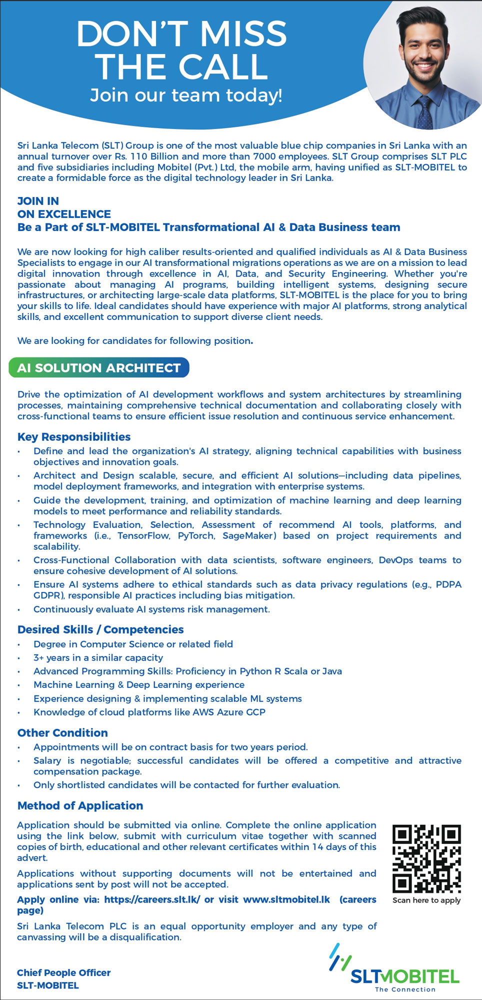 Data & AI Security Engineer, Software Engineer, Data Scientist, AI/Machine Learning Engineer, AI Solution Architect - SLTMobitel