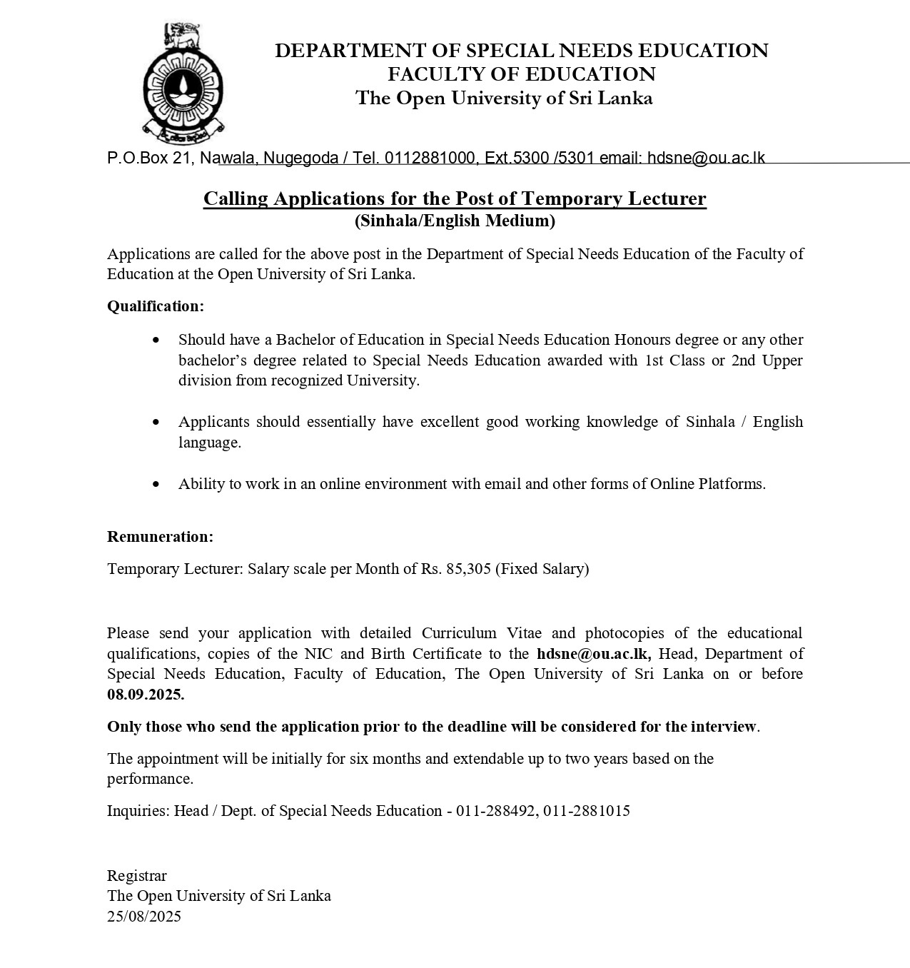 Senior Lecturer - The Open University of Sri Lanka