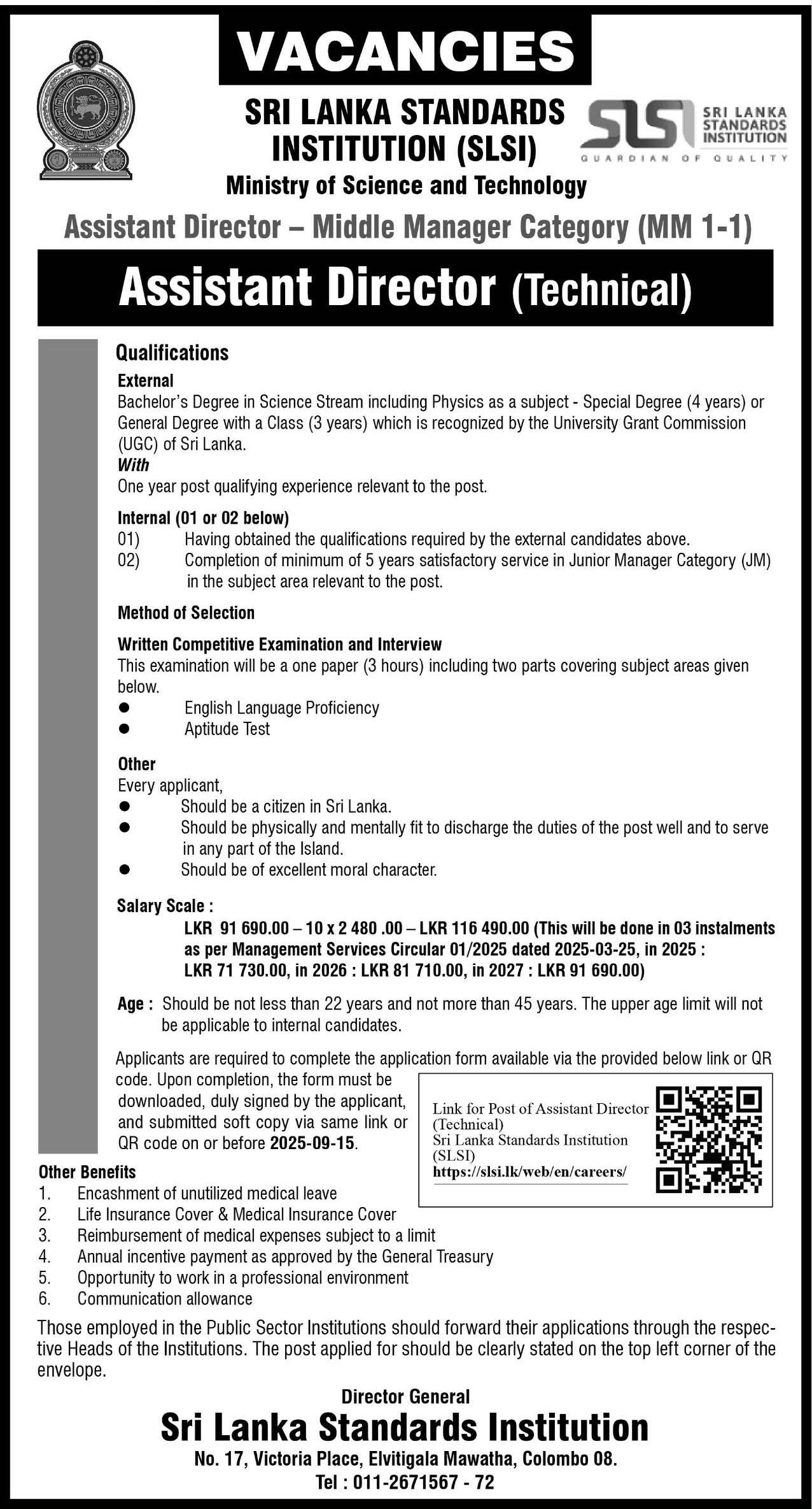 Assistant Director (Technical) - Sri Lanka Standards Institution