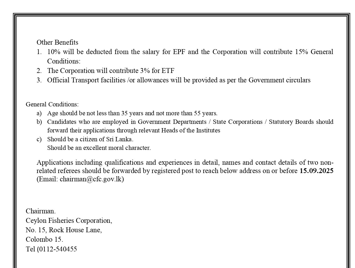 General Manager, Deputy General Manager (Finance, Marketing), Manager/Senior Manager (Finance, Purchasing, Sales & Distribution) - Ceylon Fisheries Corporation 