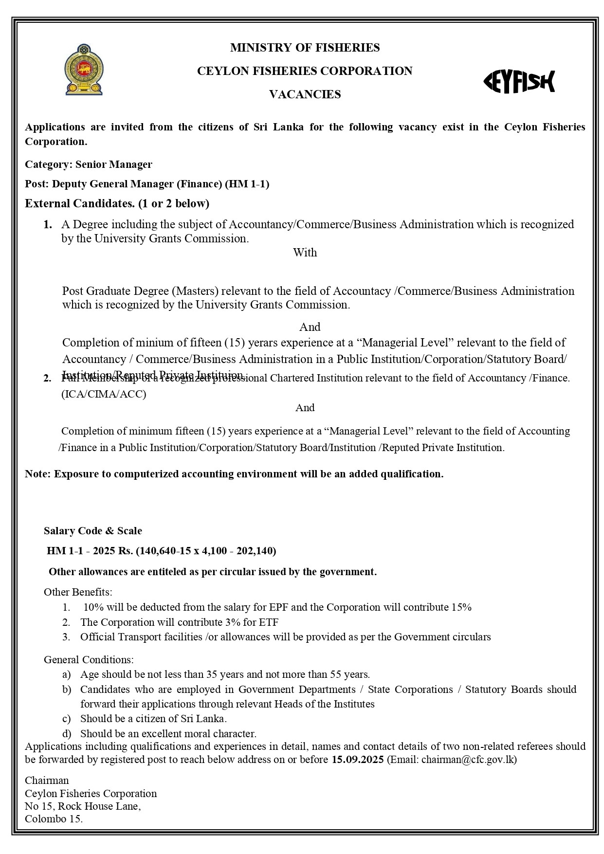 General Manager, Deputy General Manager (Finance, Marketing), Manager/Senior Manager (Finance, Purchasing, Sales & Distribution) - Ceylon Fisheries Corporation 