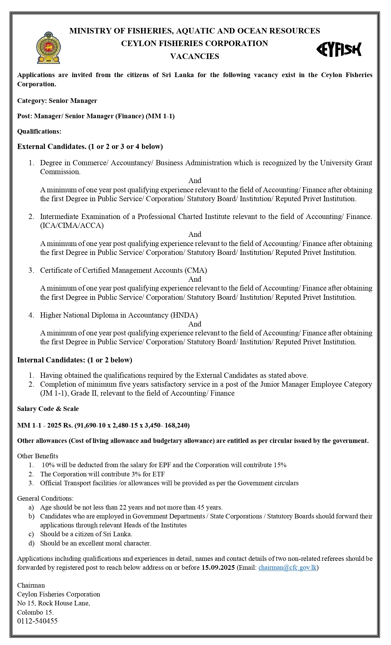 General Manager, Deputy General Manager (Finance, Marketing), Manager/Senior Manager (Finance, Purchasing, Sales & Distribution) - Ceylon Fisheries Corporation 