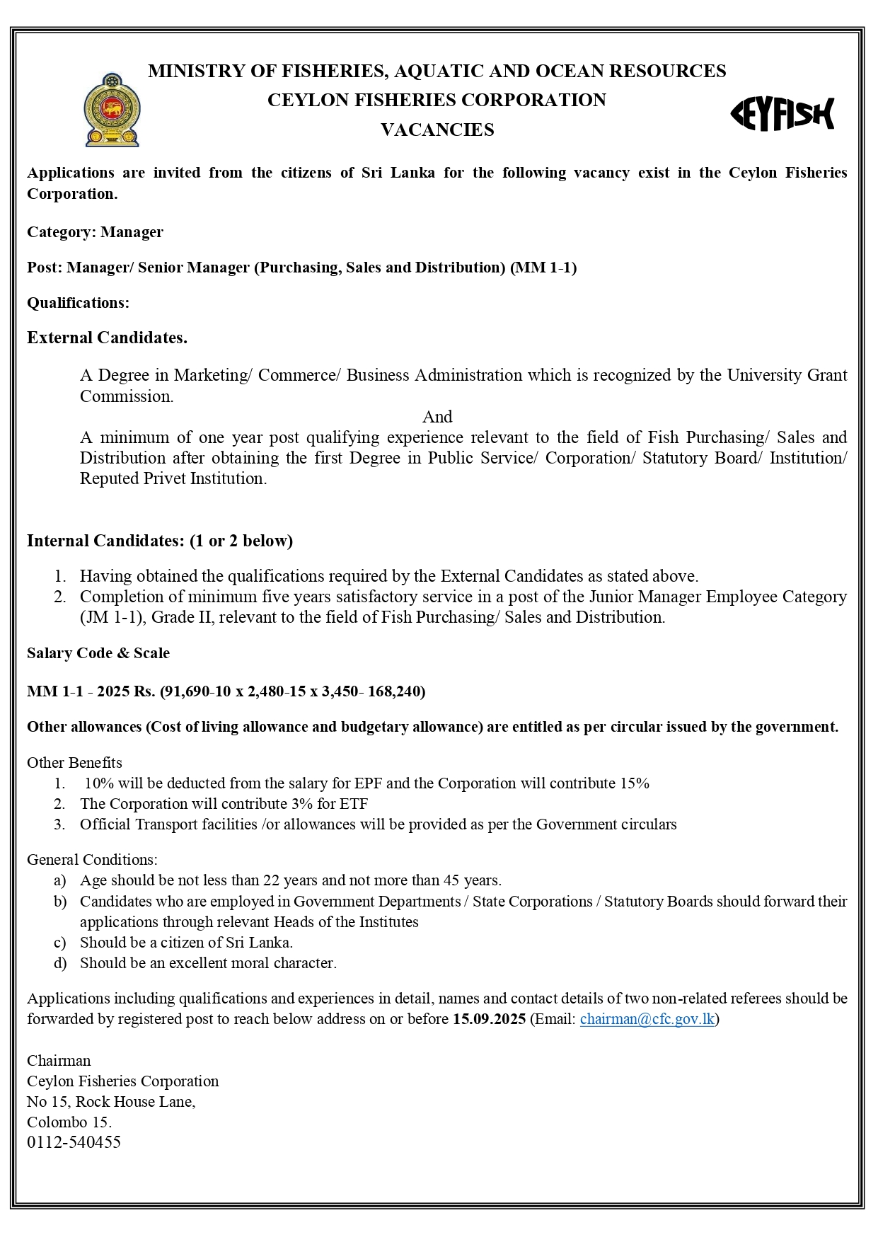 General Manager, Deputy General Manager (Finance, Marketing), Manager/Senior Manager (Finance, Purchasing, Sales & Distribution) - Ceylon Fisheries Corporation 