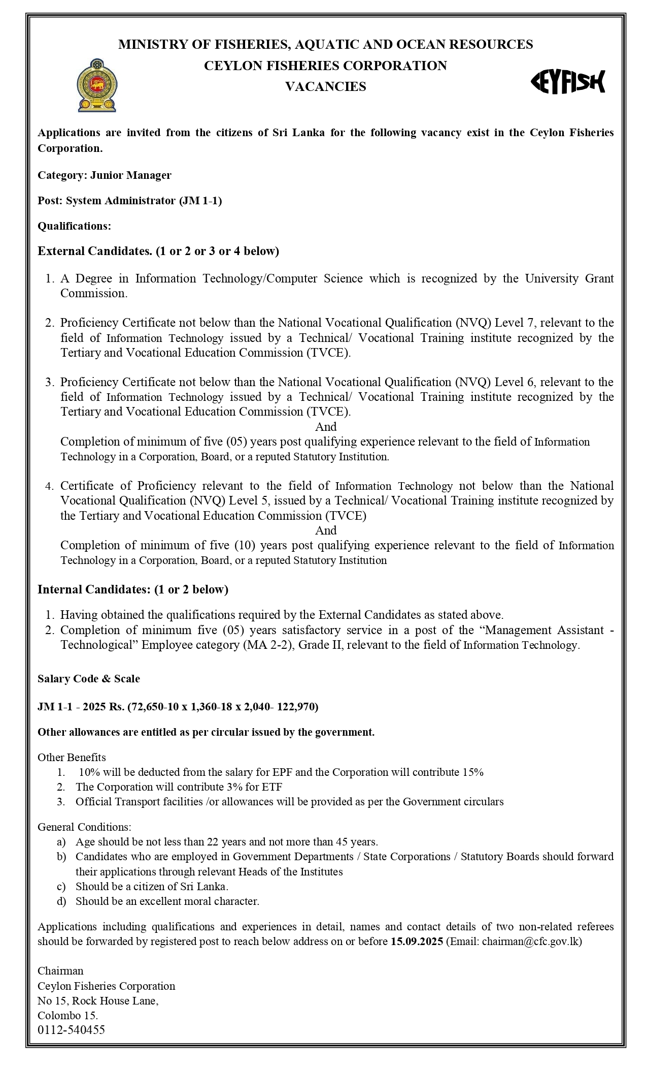 Management Assistant, System Administrator - Ceylon Fisheries Corporation