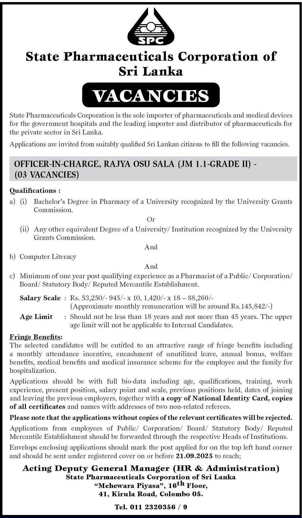Officer in Charge - State Pharmaceuticals Corporation of Sri Lanka