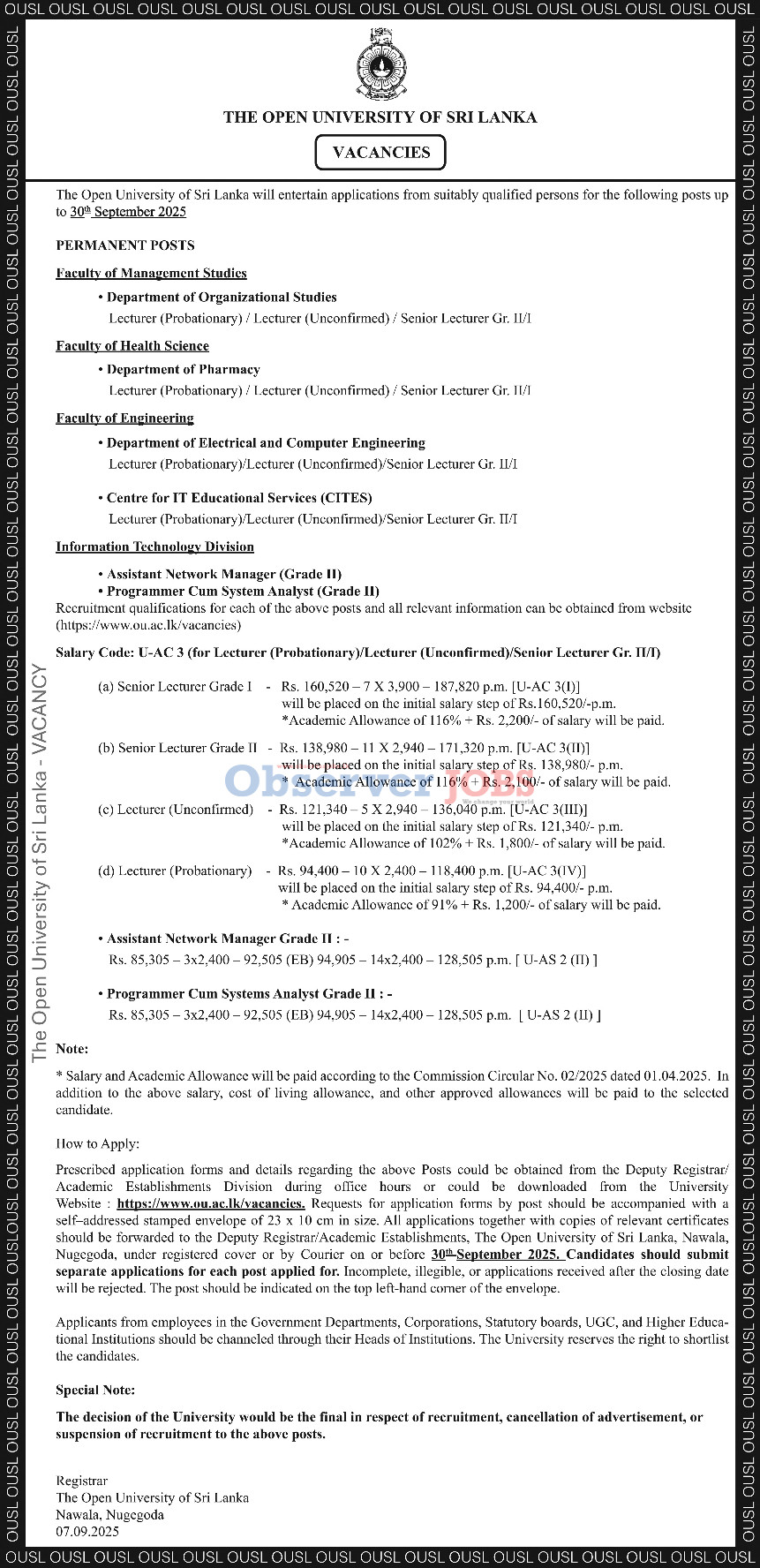 Lecturer, Senior Lecturer, Assistant Network Manager, Programmer/System Analyst - The Open University of Sri Lanka