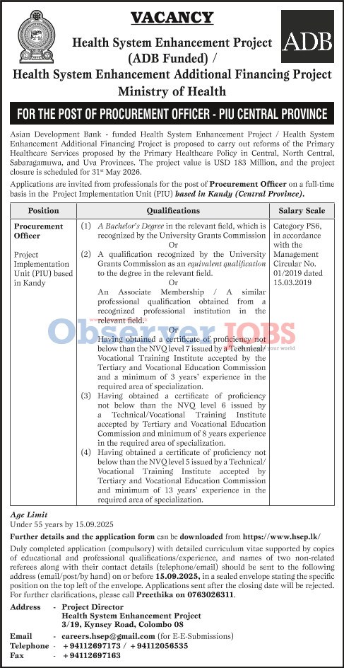 Procurement Officer - Health System Enhancement Project - Ministry of Health