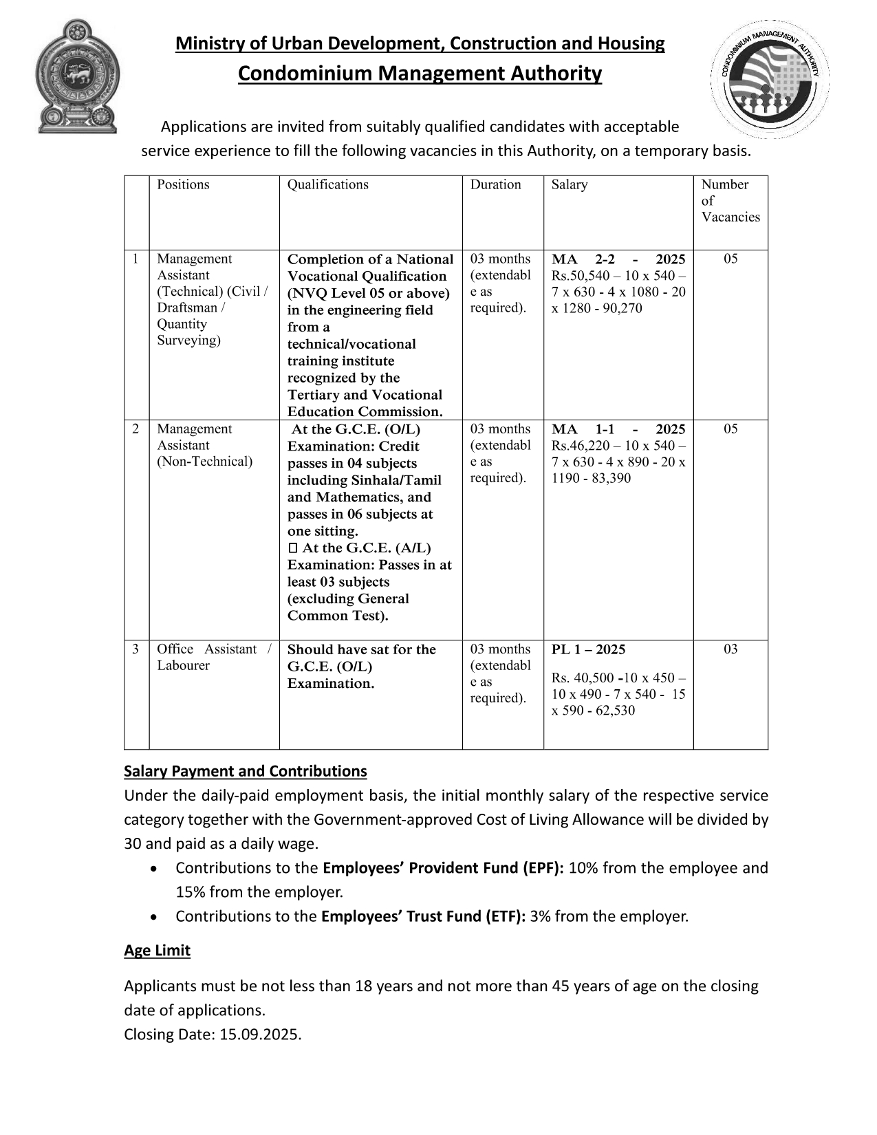 Management Assistant, Office Assistant/Labourer - Condominium Management Authority