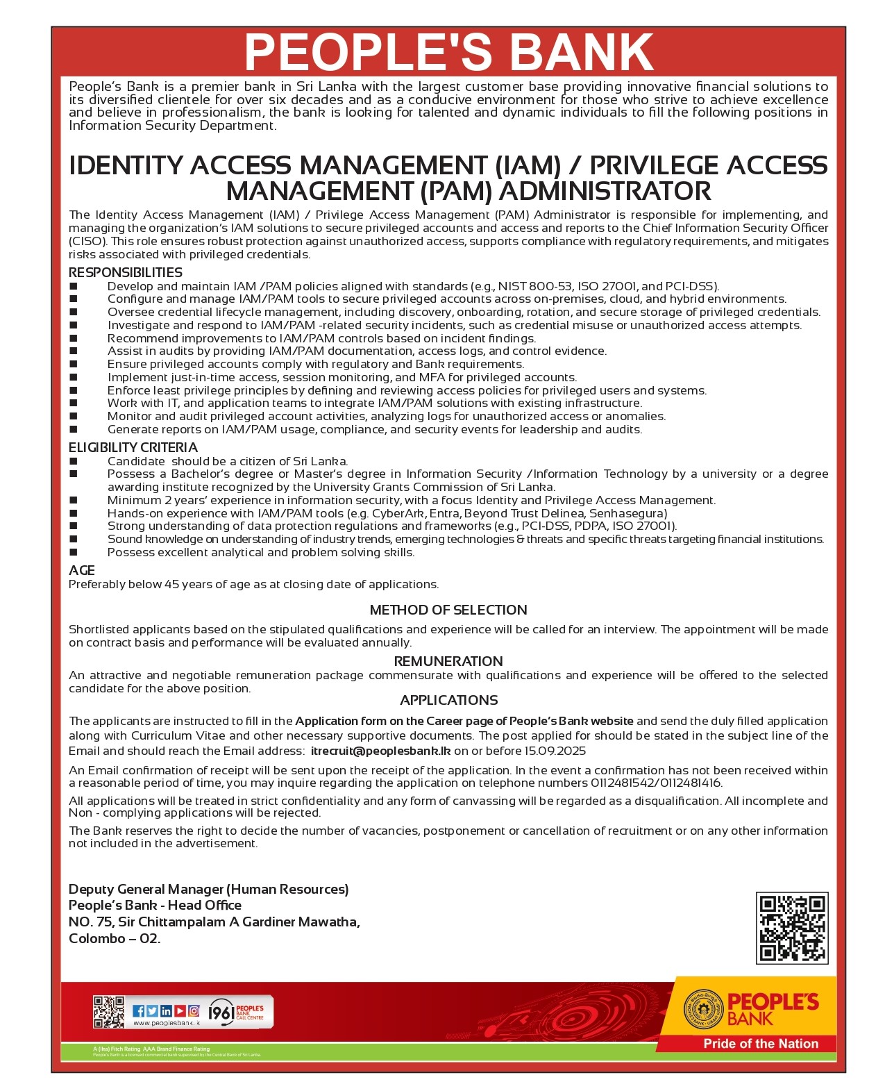 Security Architect, Identity Access Management (IAM)/Privilege Access Management (PAM) Administrator - People’s Bank
