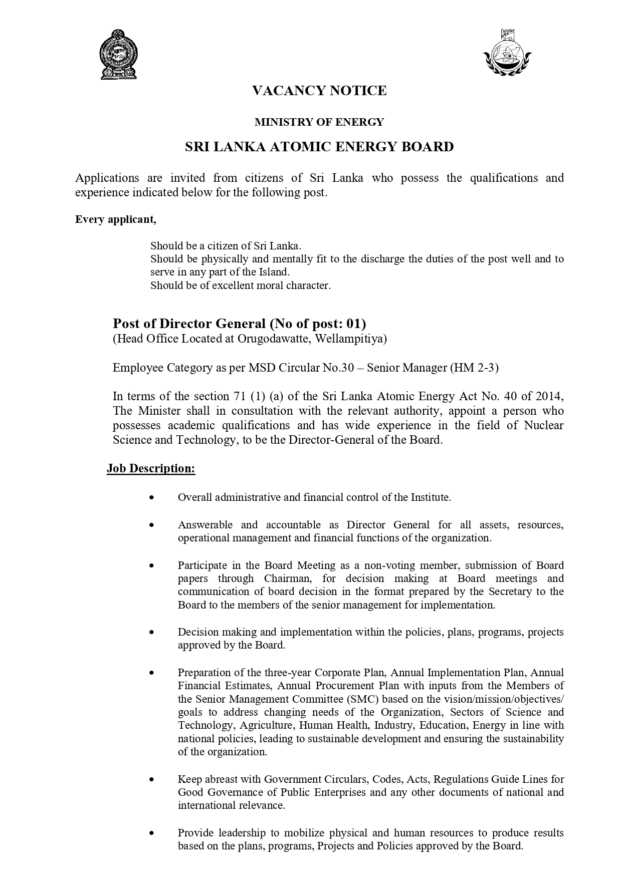 Director General, Director (Administration) - Sri Lanka Atomic Energy Board