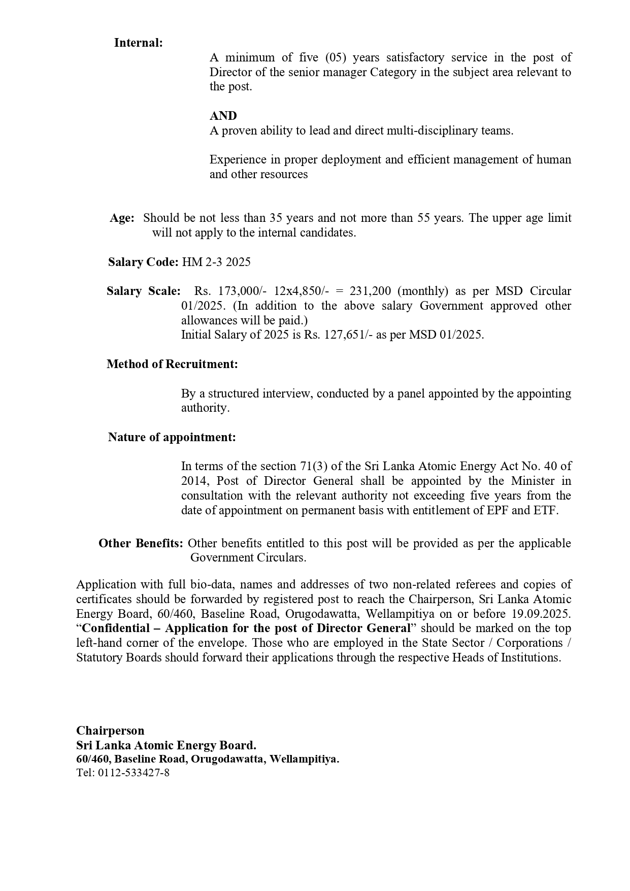 Director General, Director (Administration) - Sri Lanka Atomic Energy Board