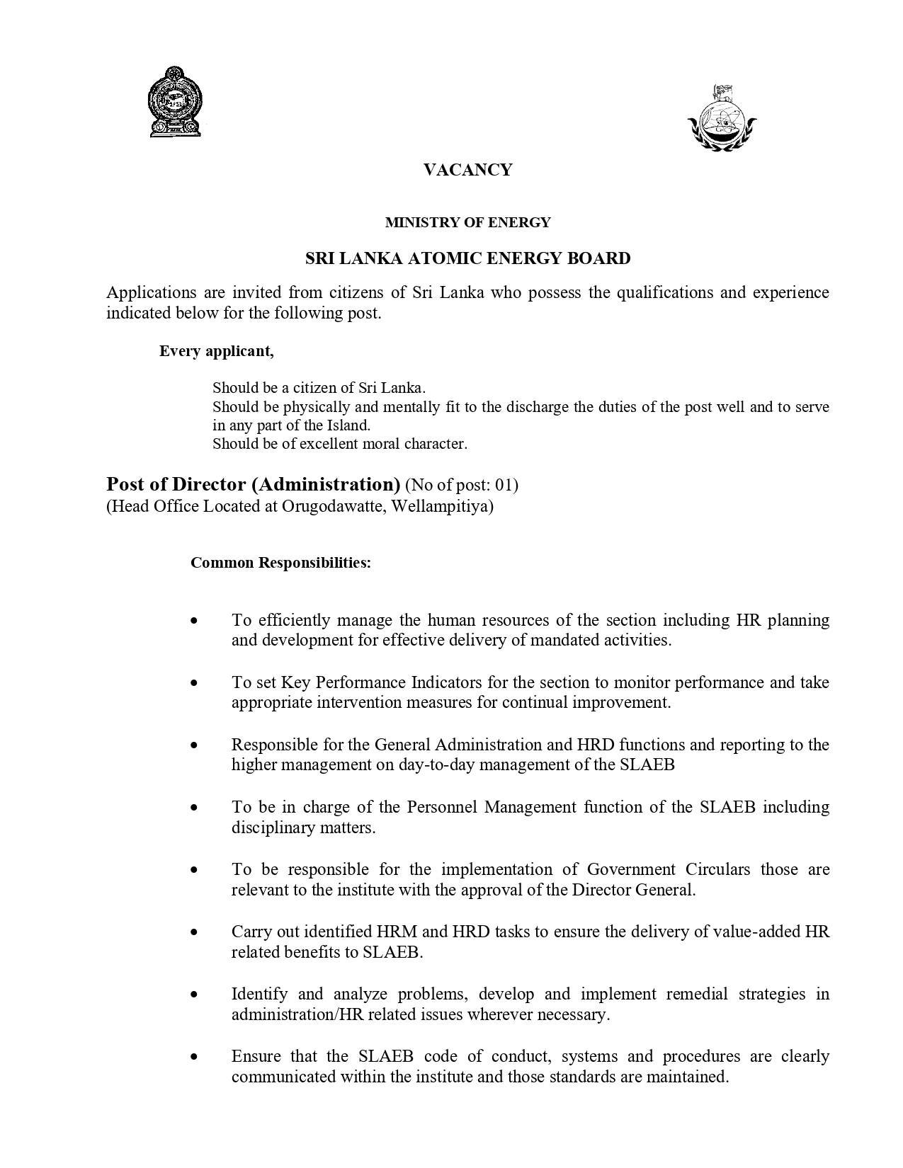 Director General, Director (Administration) - Sri Lanka Atomic Energy Board