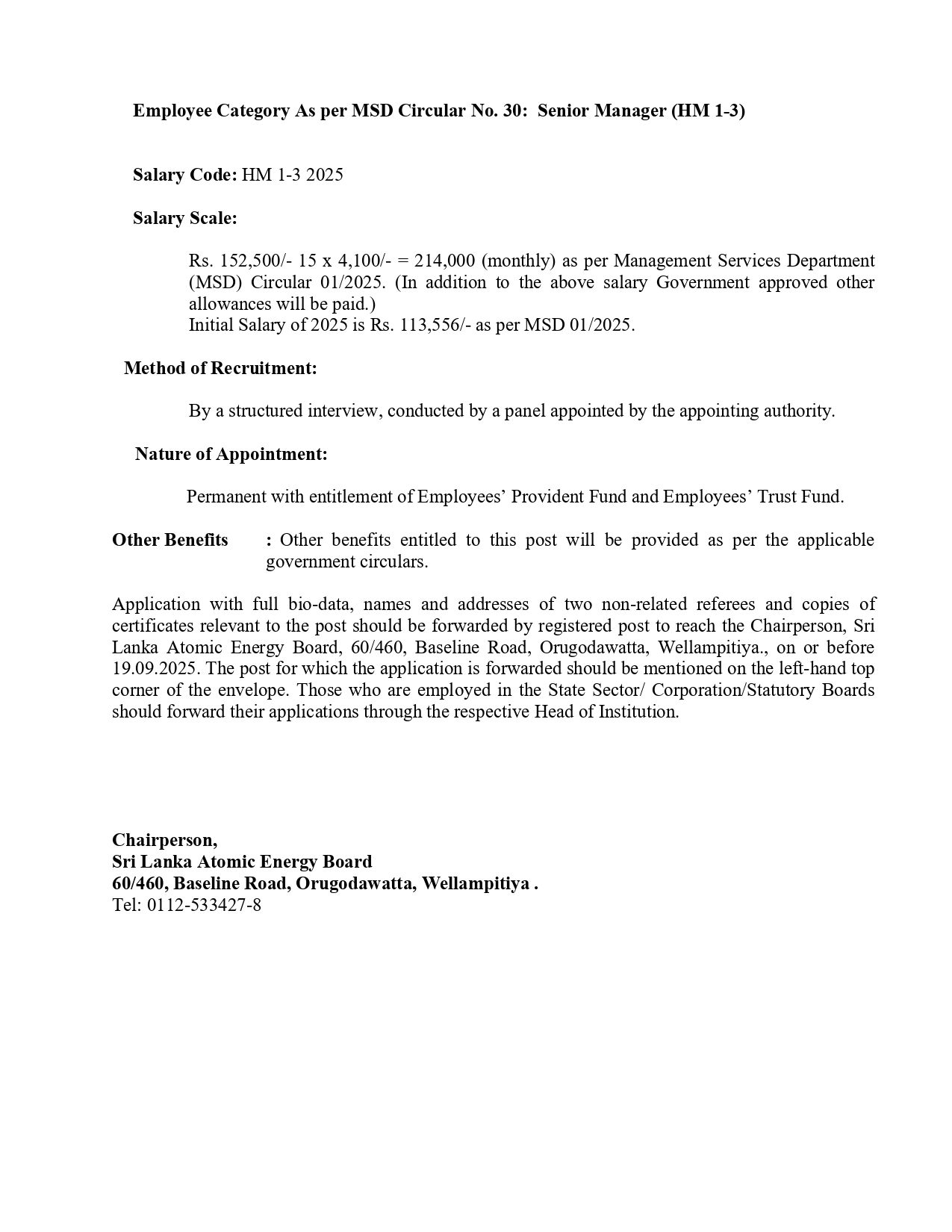 Director General, Director (Administration) - Sri Lanka Atomic Energy Board