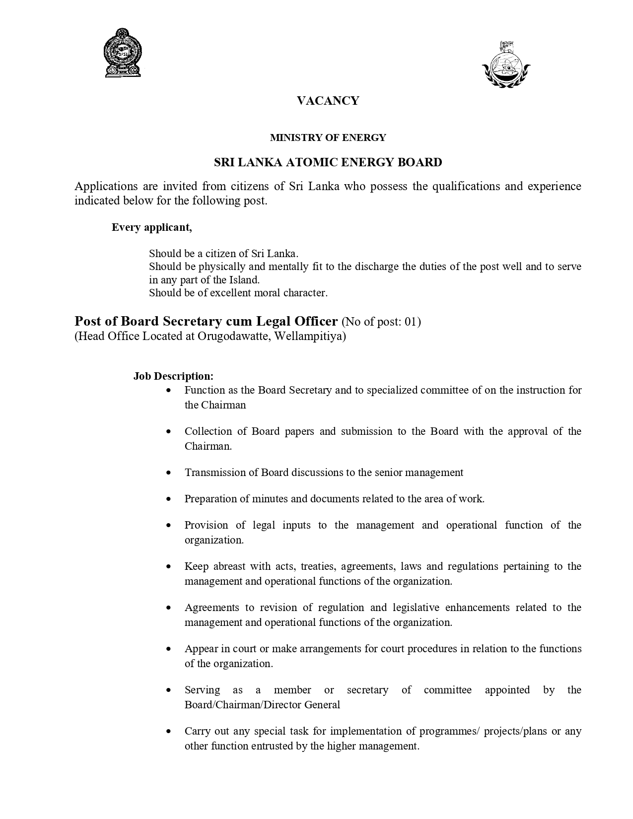 Board Secretary/Legal Officer- Sri Lanka Atomic Energy Board