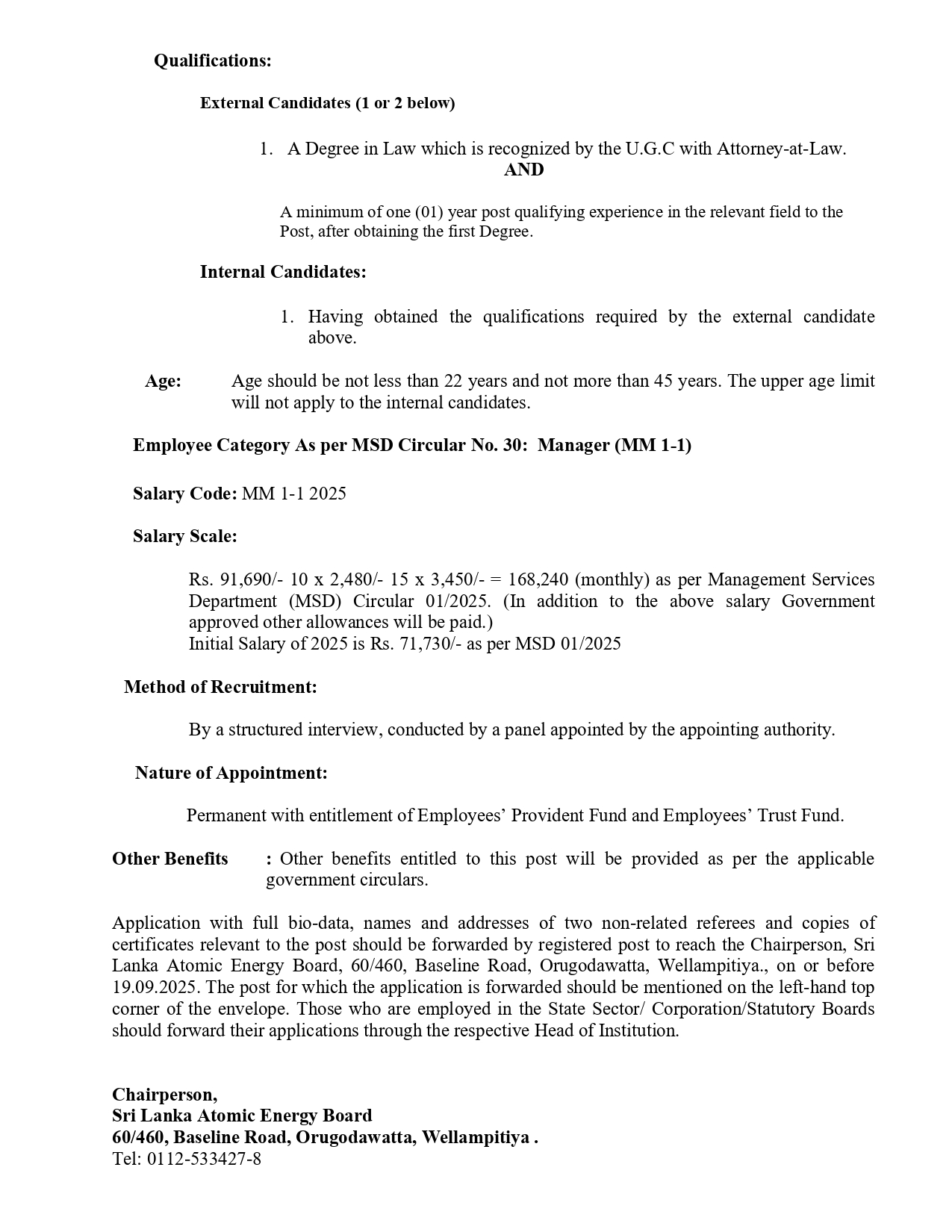 Board Secretary/Legal Officer- Sri Lanka Atomic Energy Board