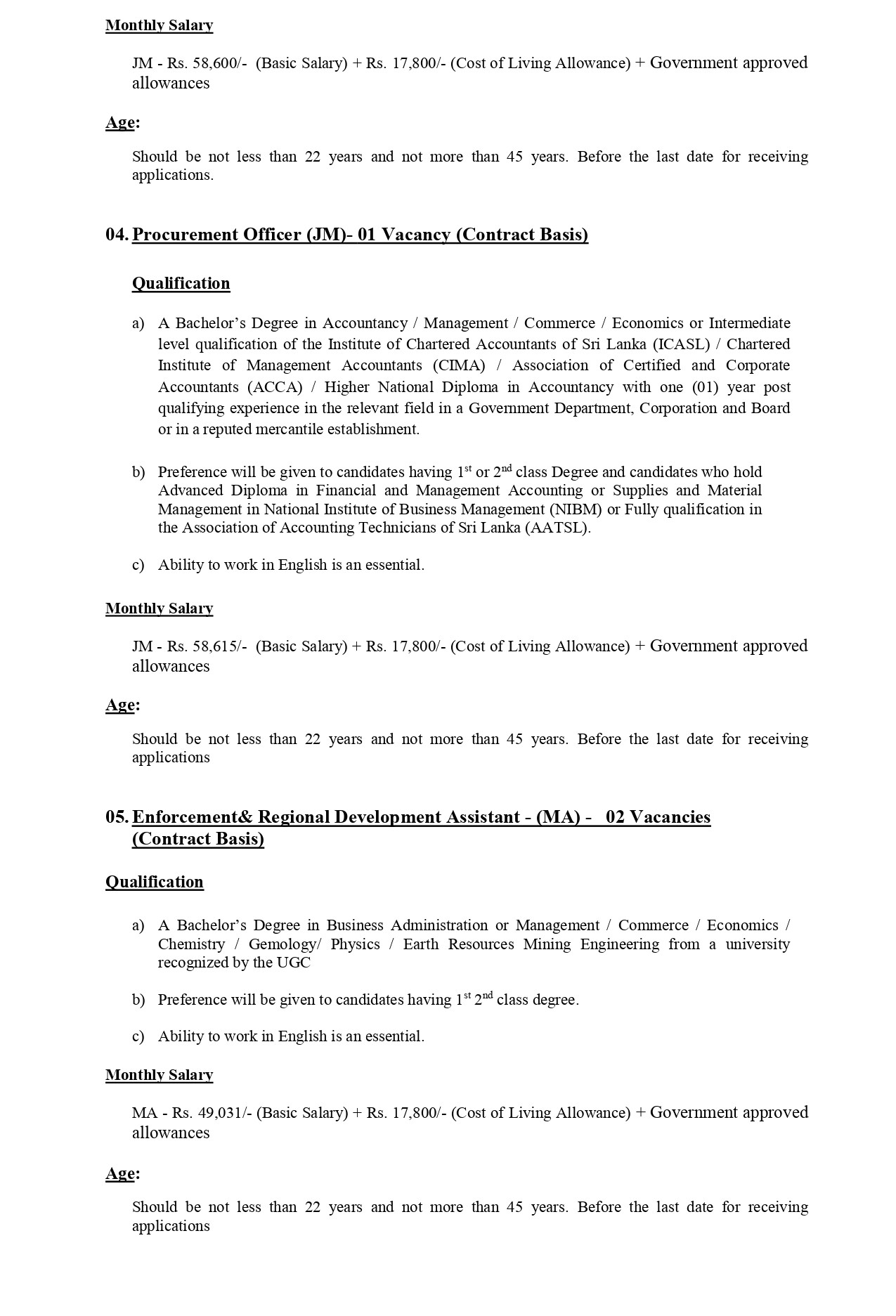 Director, Assistant Director, Planning Officer, Procurement Officer, Enforcement & Regional Development Assistant, Technician - National Gem & Jewellery Authority