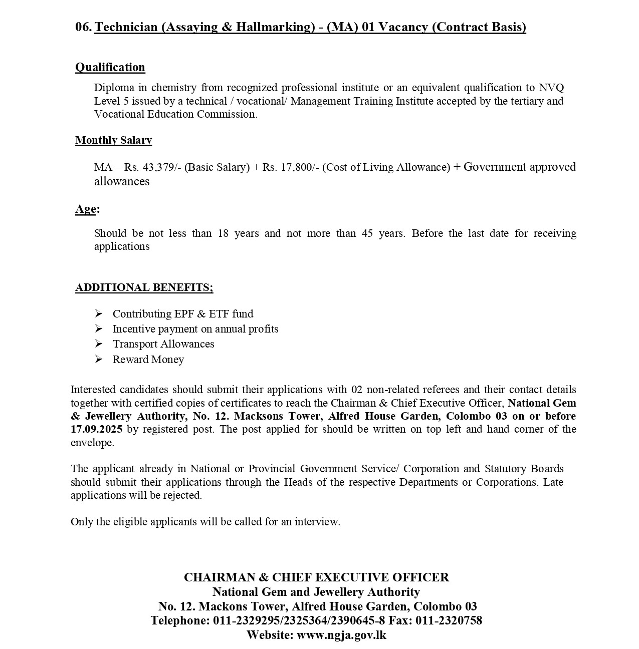 Director, Assistant Director, Planning Officer, Procurement Officer, Enforcement & Regional Development Assistant, Technician - National Gem & Jewellery Authority