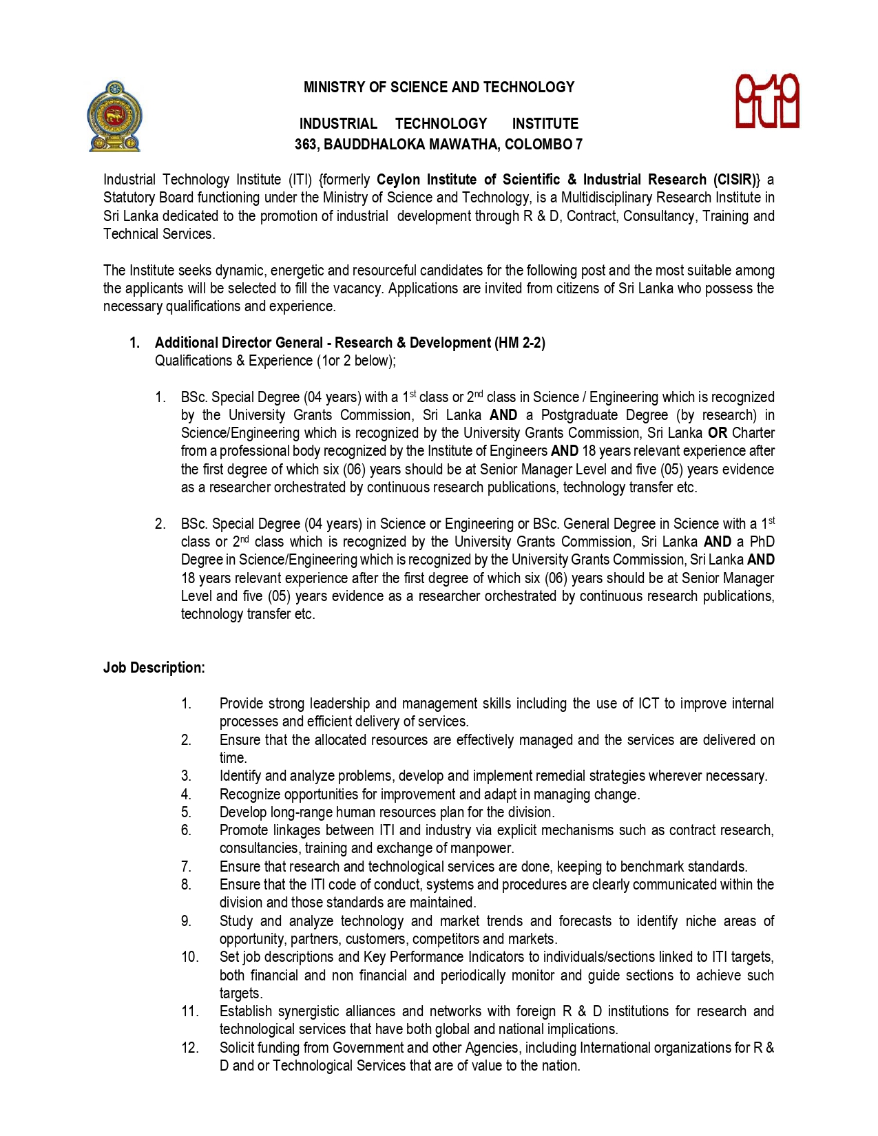 Additional Director General (Research & Development, Administration & Operation) - Industrial Technology Institute