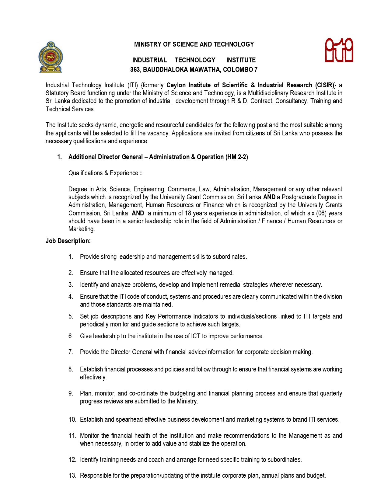 Additional Director General (Research & Development, Administration & Operation) - Industrial Technology Institute