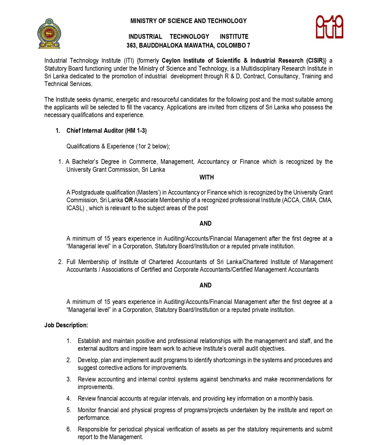 Chief Internal Auditor, Computer System Assistant - Industrial Technology Institute
