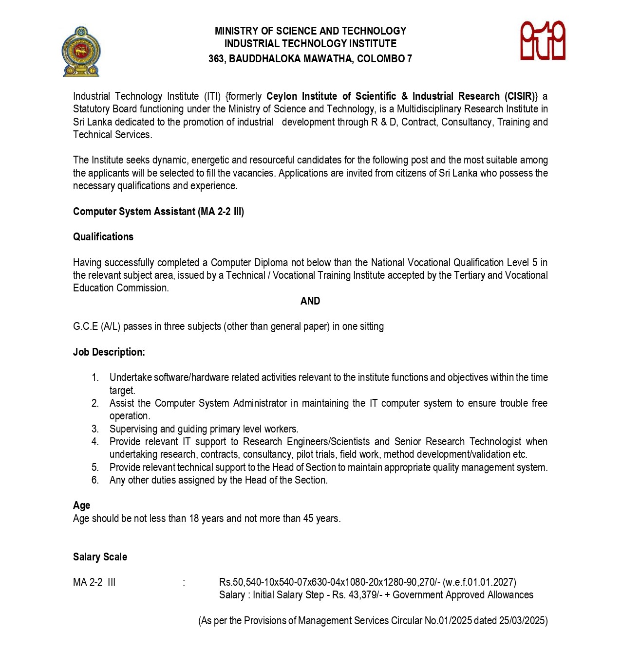 Chief Internal Auditor, Computer System Assistant - Industrial Technology Institute