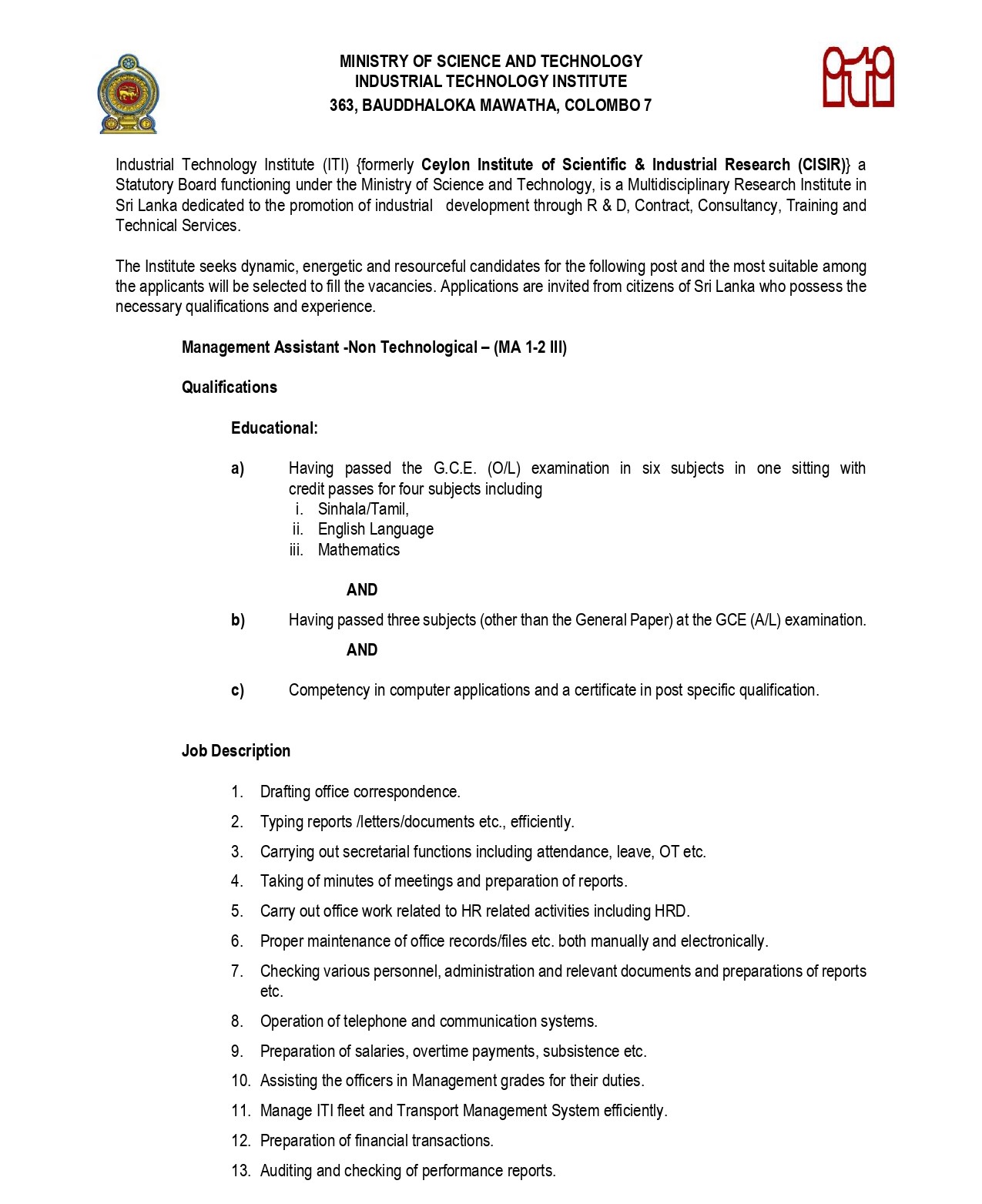 Management Assistant, Draughtsman - Industrial Technology Institute