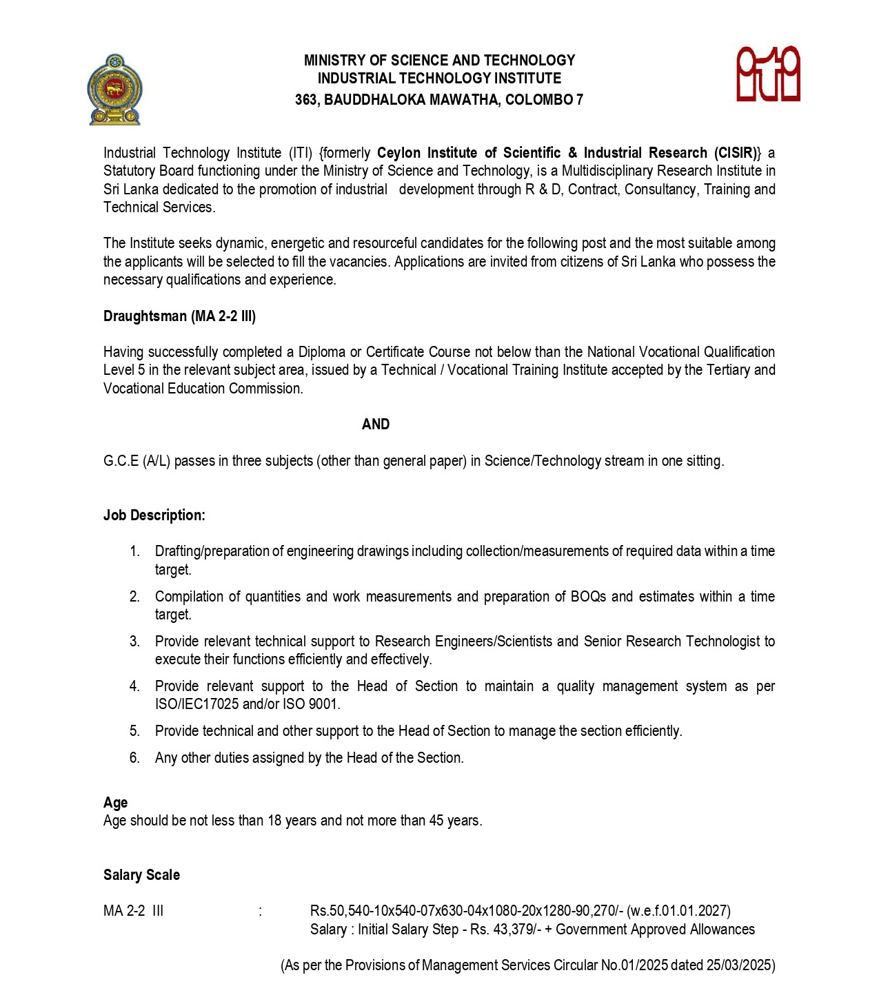 Management Assistant, Draughtsman - Industrial Technology Institute
