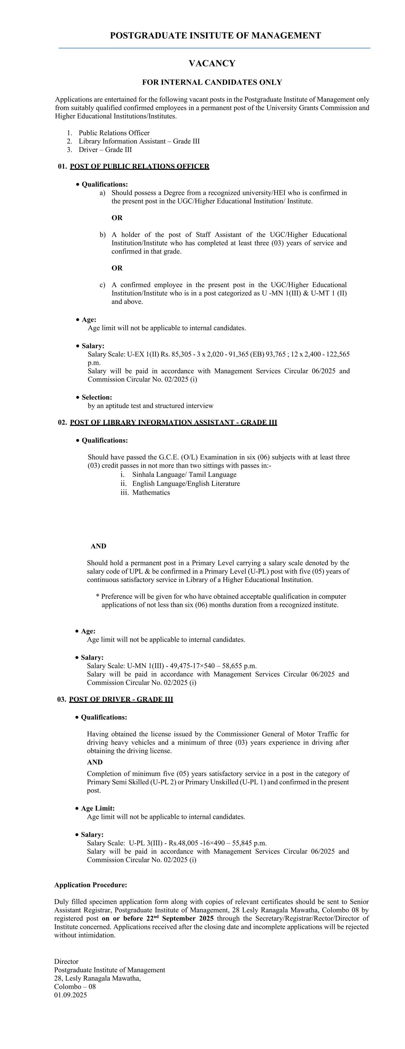 Public Relation Officer, Library Information Assistant, Driver - Postgraduate Institute of Management - University of Sri Jayewardenepura