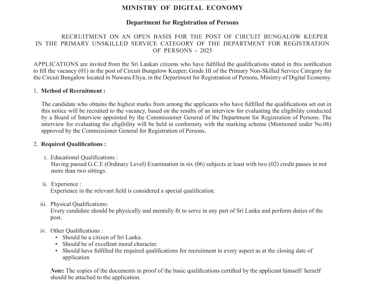 Circuit Bungalow Keeper (Open) - Department of Registration of Persons