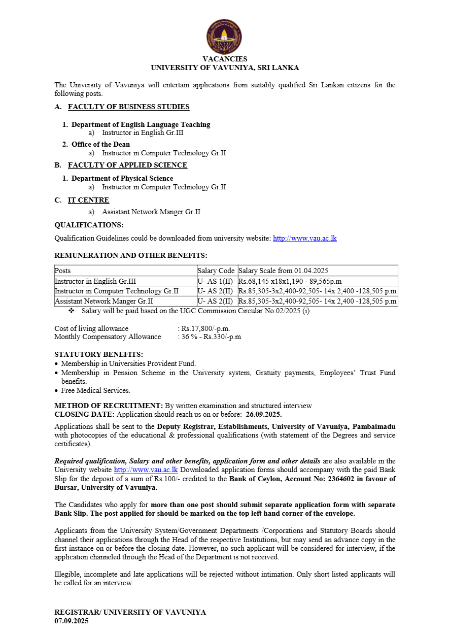 Instructor, Assistant Network Manager - University of Vavuniya