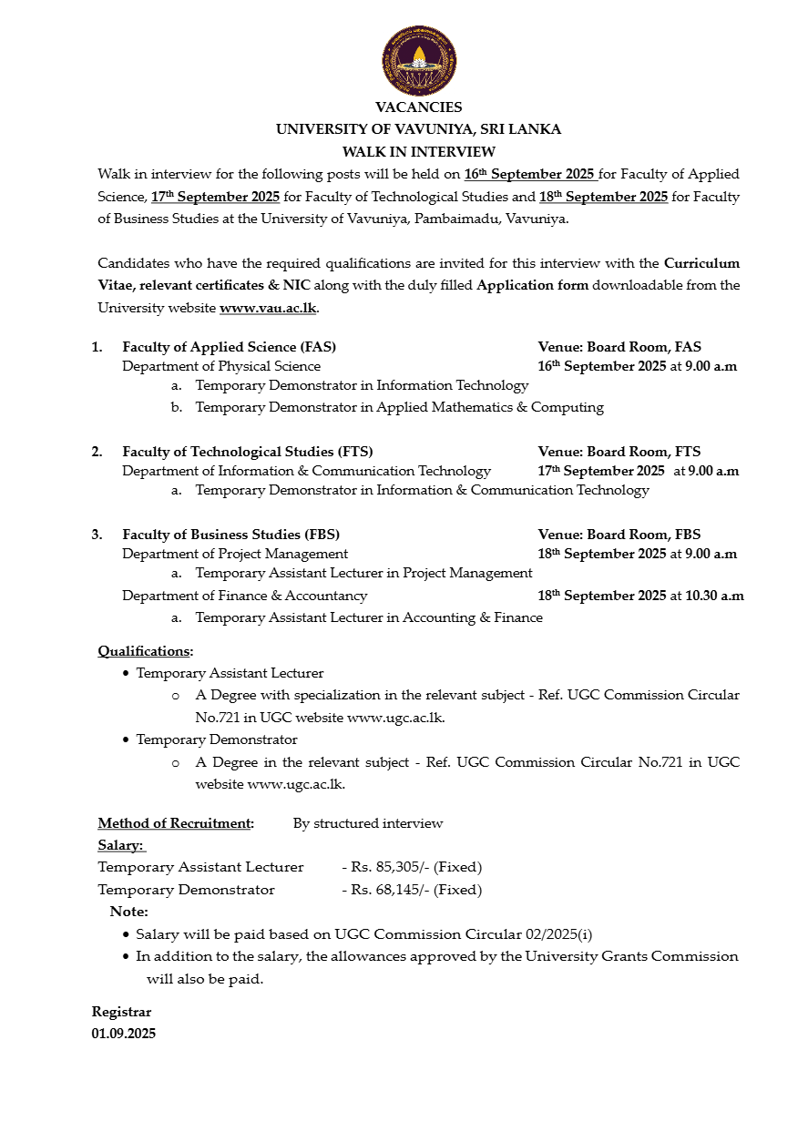 Temporary Assistant Lecturer, Temporary Demonstrator - University of Vavuniya