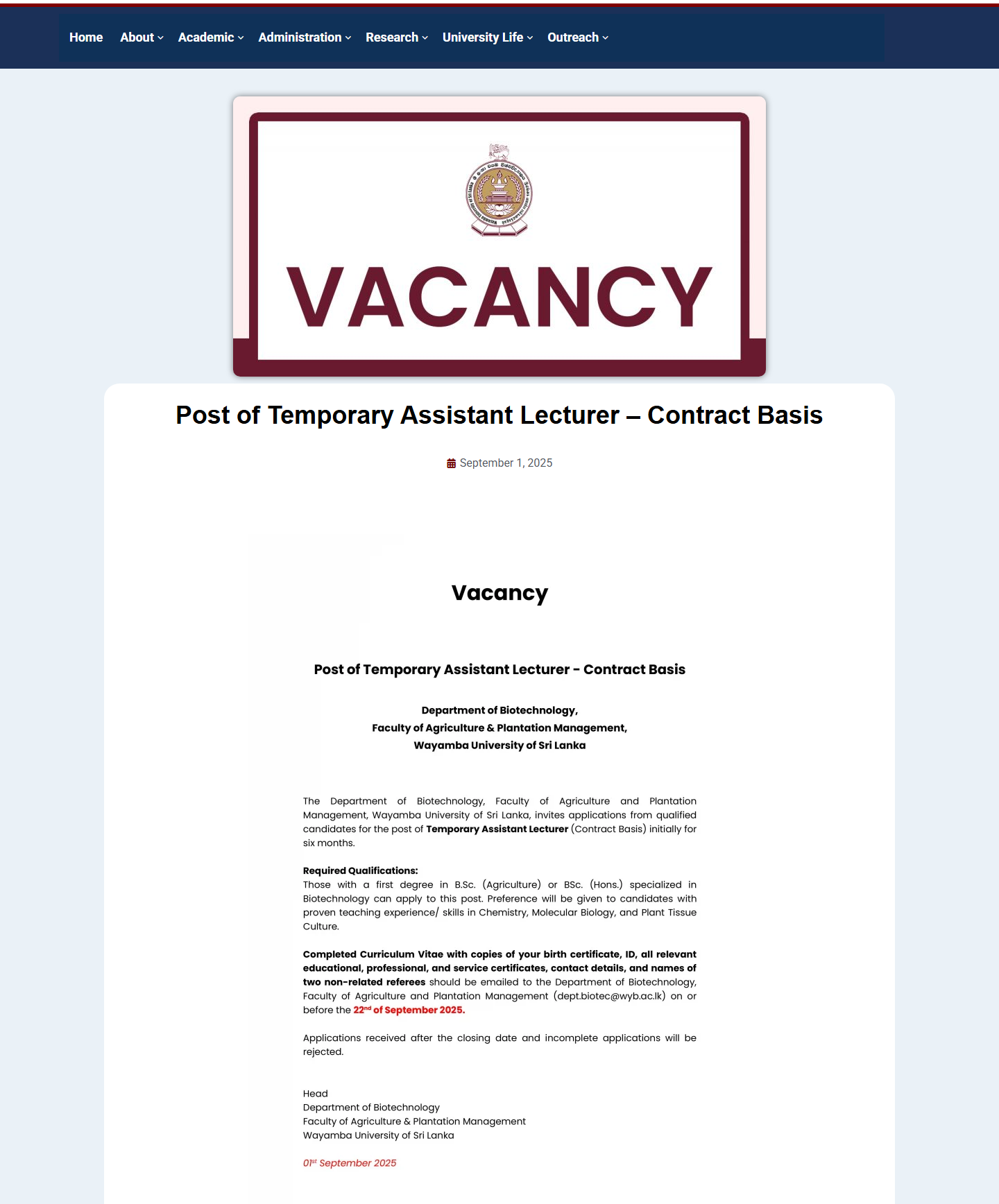 Temporary Assistant Lecturer - Wayamba University of Sri Lanka