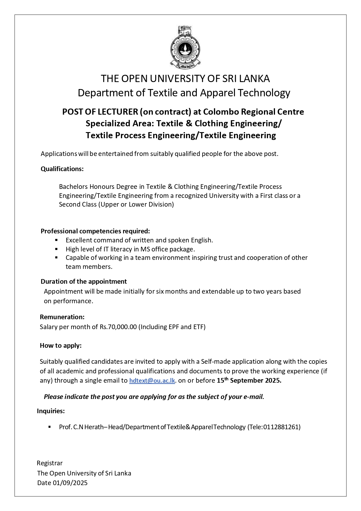 Academic Coordinator, Lecturer, Technical Assistant, Operation Assistant - The Open University of Sri Lanka