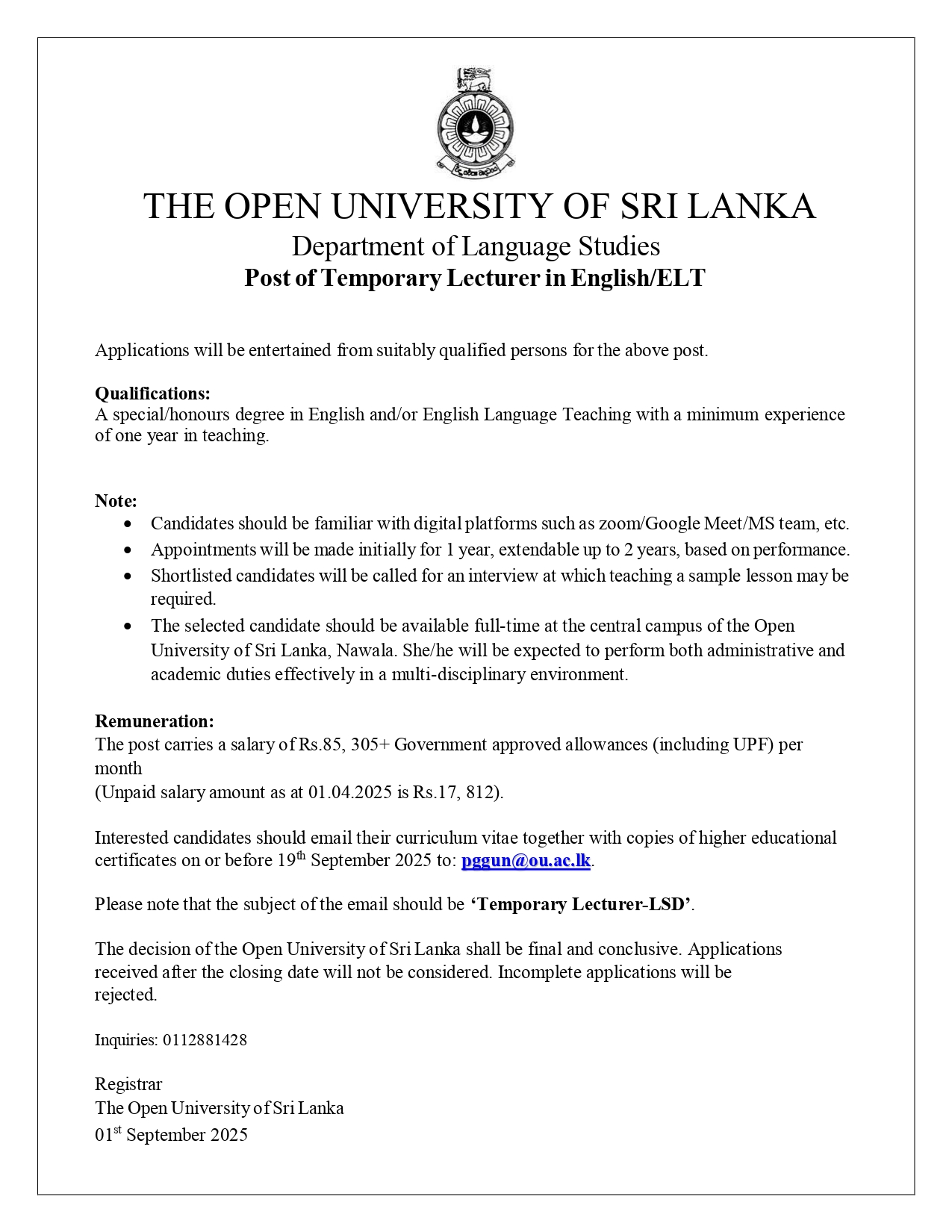 Temporary Lecturer, Lecturer - The Open University of Sri Lanka