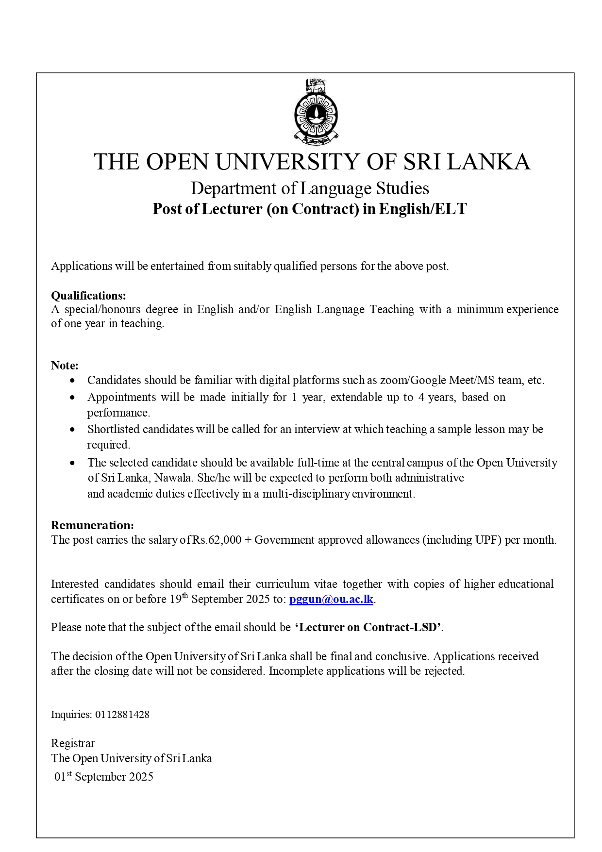Temporary Lecturer, Lecturer - The Open University of Sri Lanka
