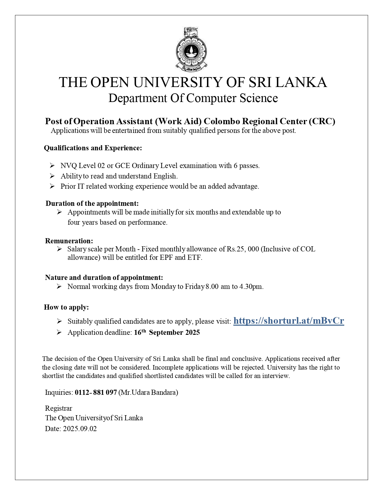 Operation Assistant, Academic Coordinator - The Open University of Sri Lanka