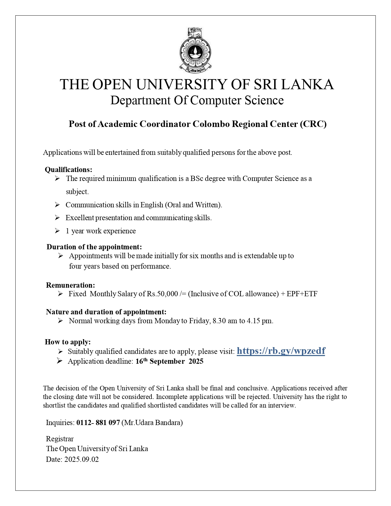Operation Assistant, Academic Coordinator - The Open University of Sri Lanka