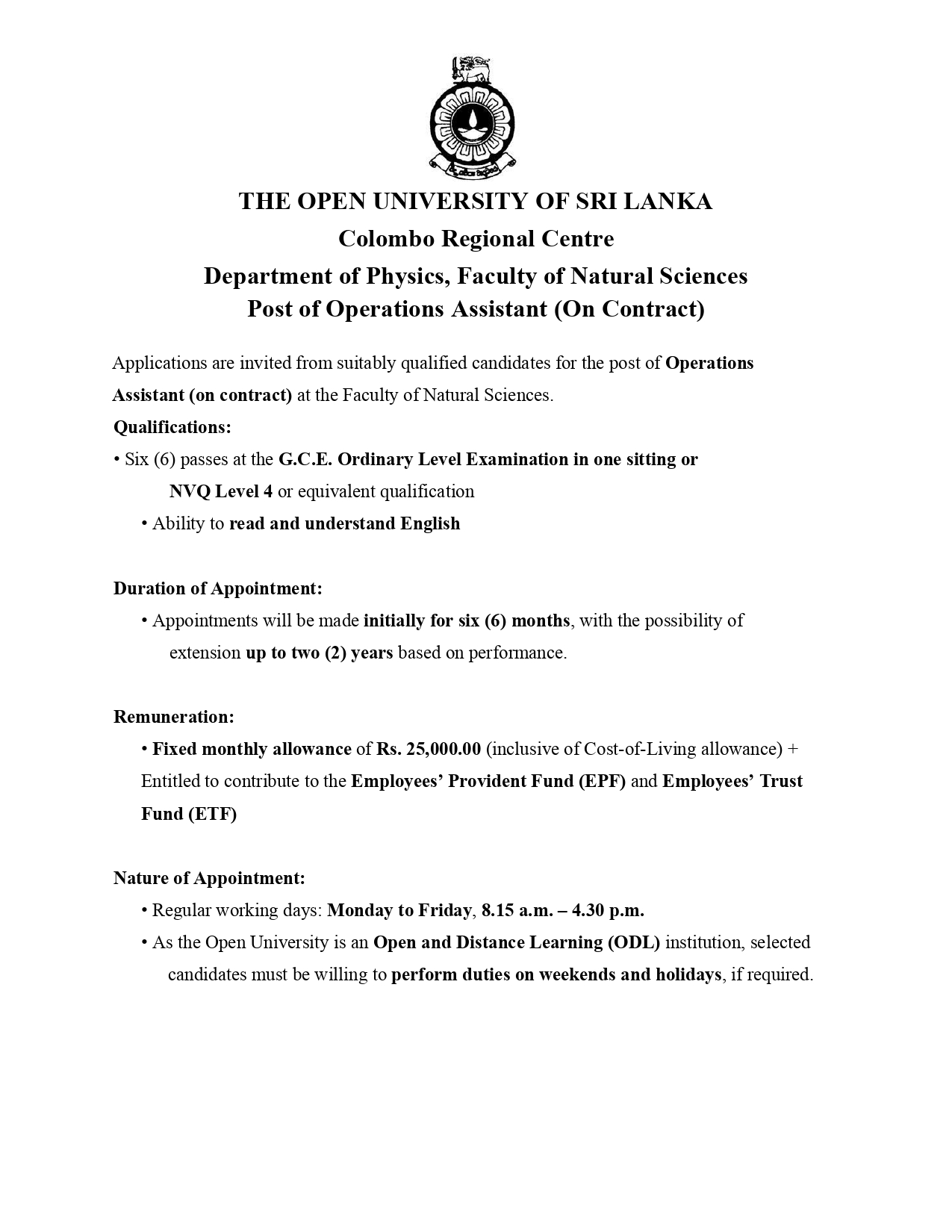 Operations Assistant, Project Assistant - The Open University of Sri Lanka