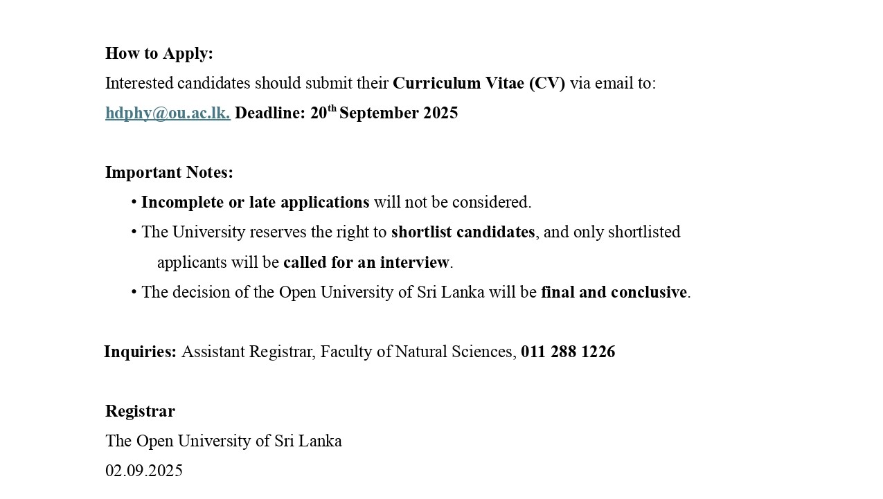 Operations Assistant, Project Assistant - The Open University of Sri Lanka