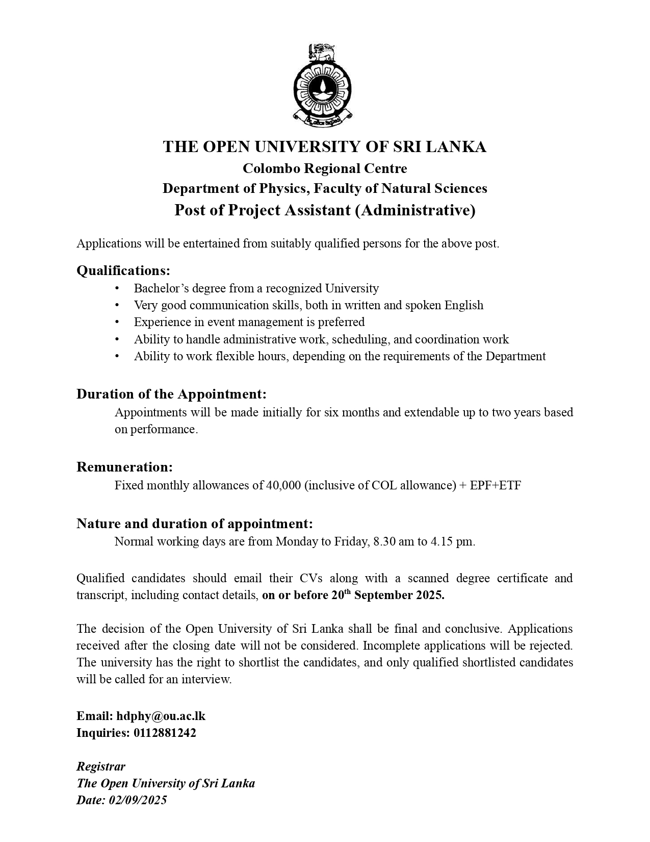 Operations Assistant, Project Assistant - The Open University of Sri Lanka