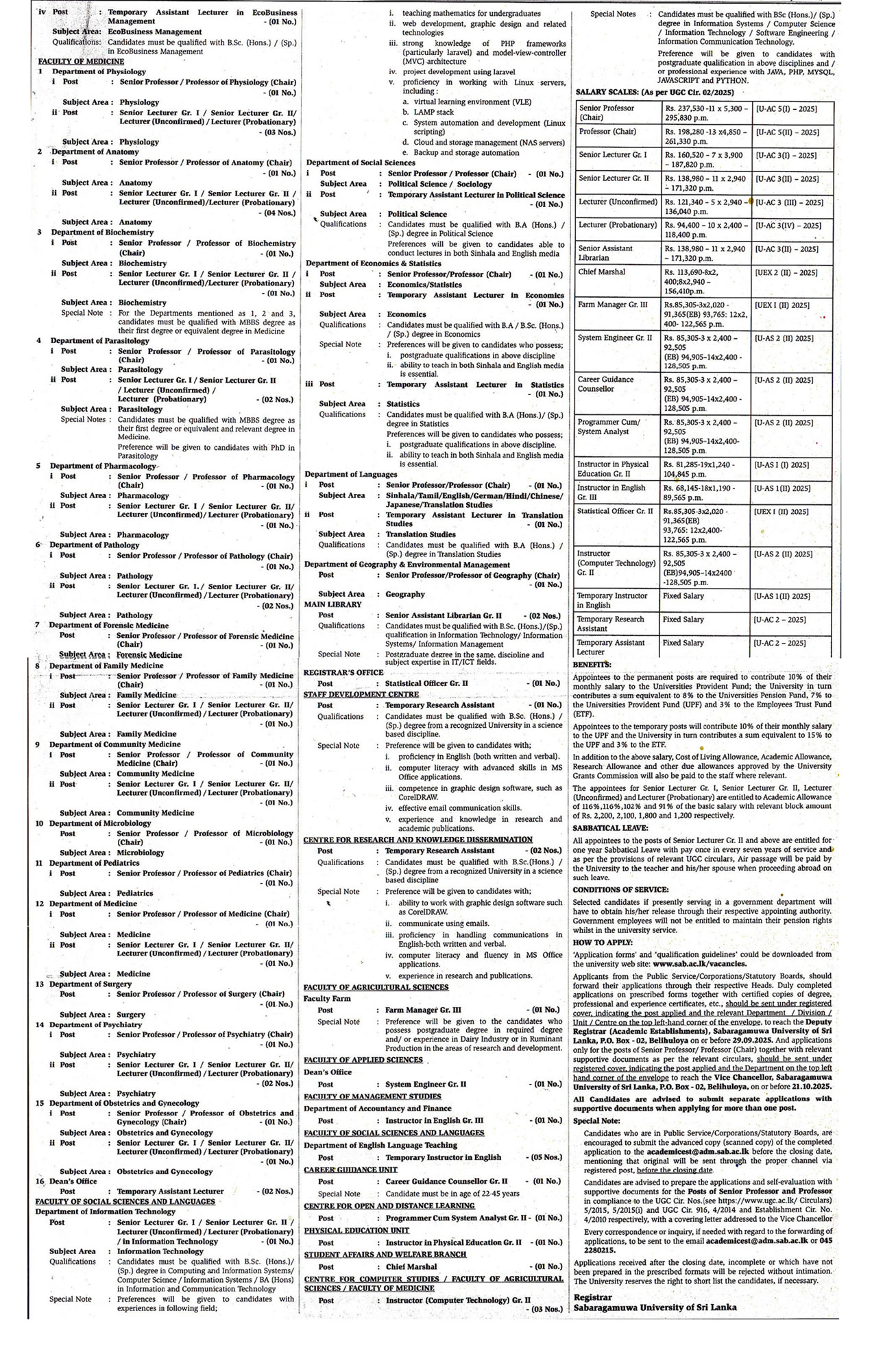 Professor, Lecturer, Assistant Librarian, Chief Marshal, Farm Manager, System Engineer, Career Guidance Counsellor, Programmer/System Analyst, Instructor, Statistical Officer - Sabaragamuwa University of Sri Lanka