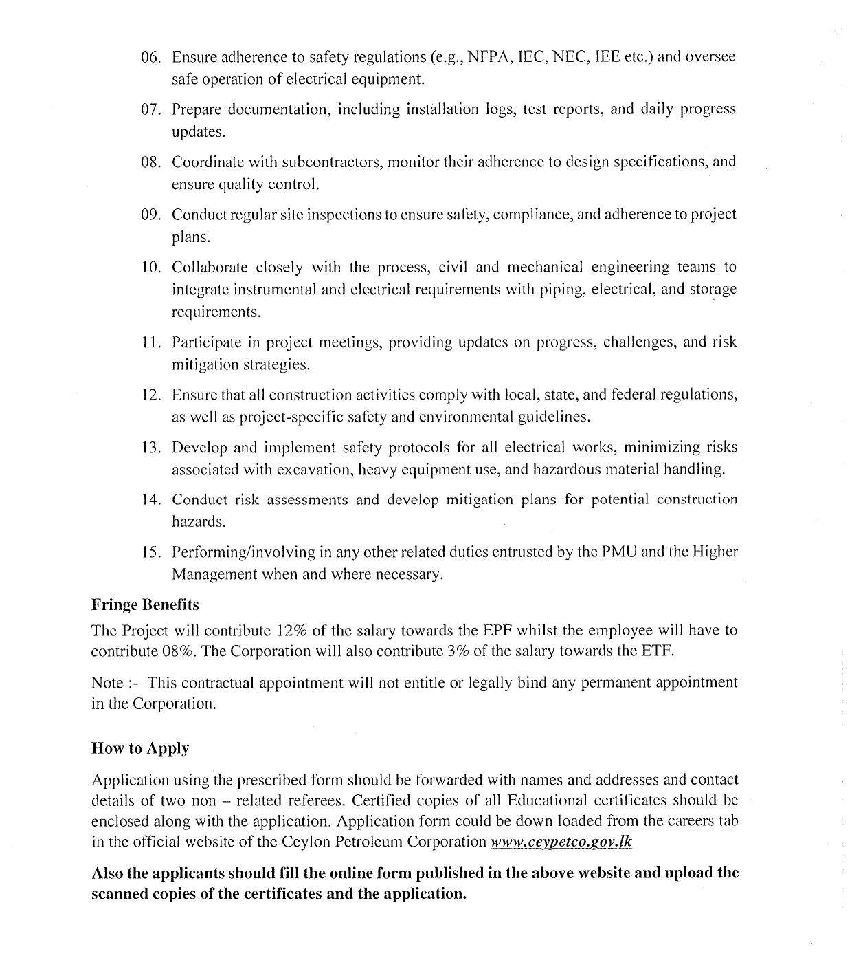 Electrical & Electronics Engineer - Ceylon Petroleum Corporation