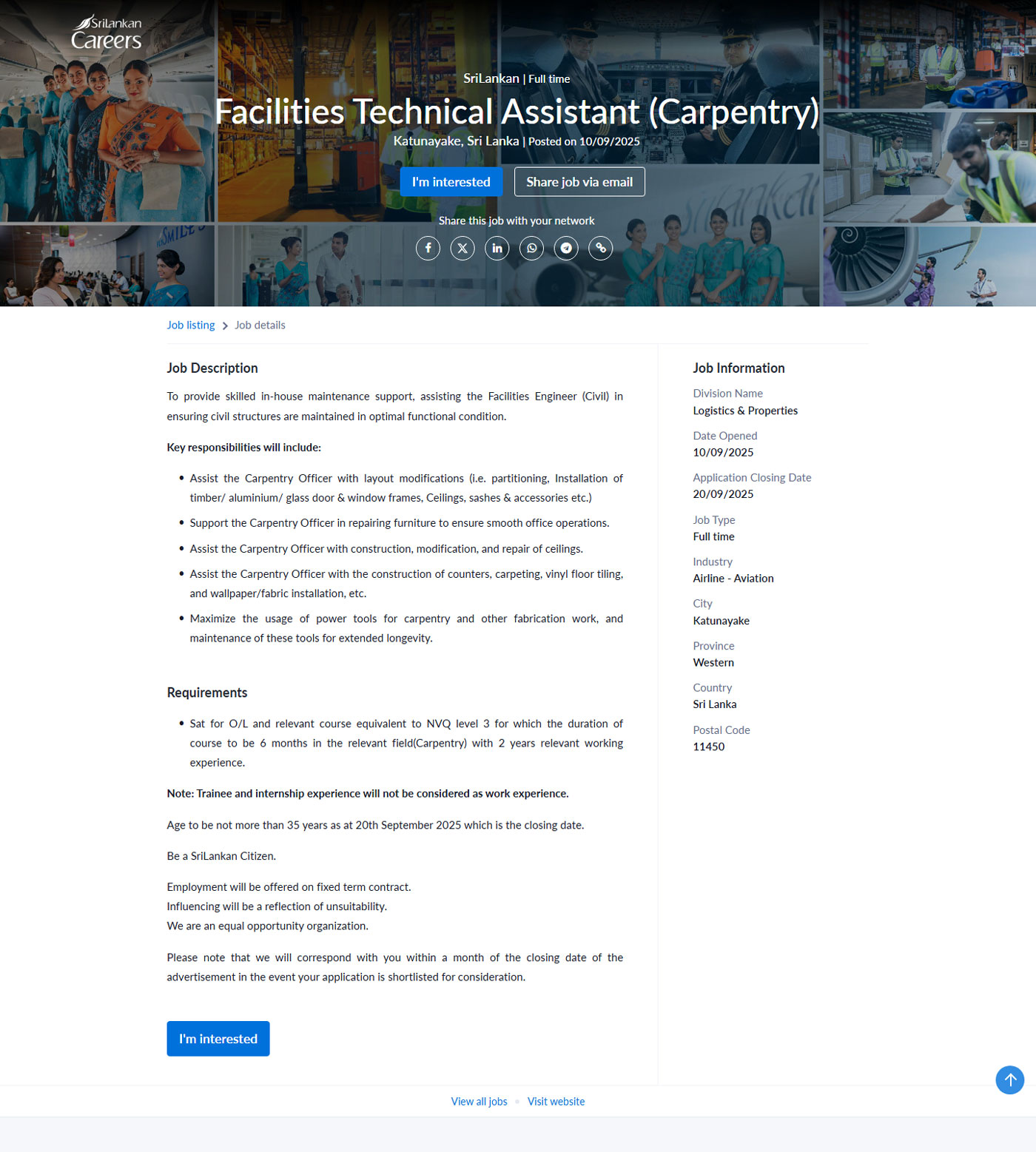 Facilities Technical Assistant (Carpentry) - Sri Lankan Airlines Limited