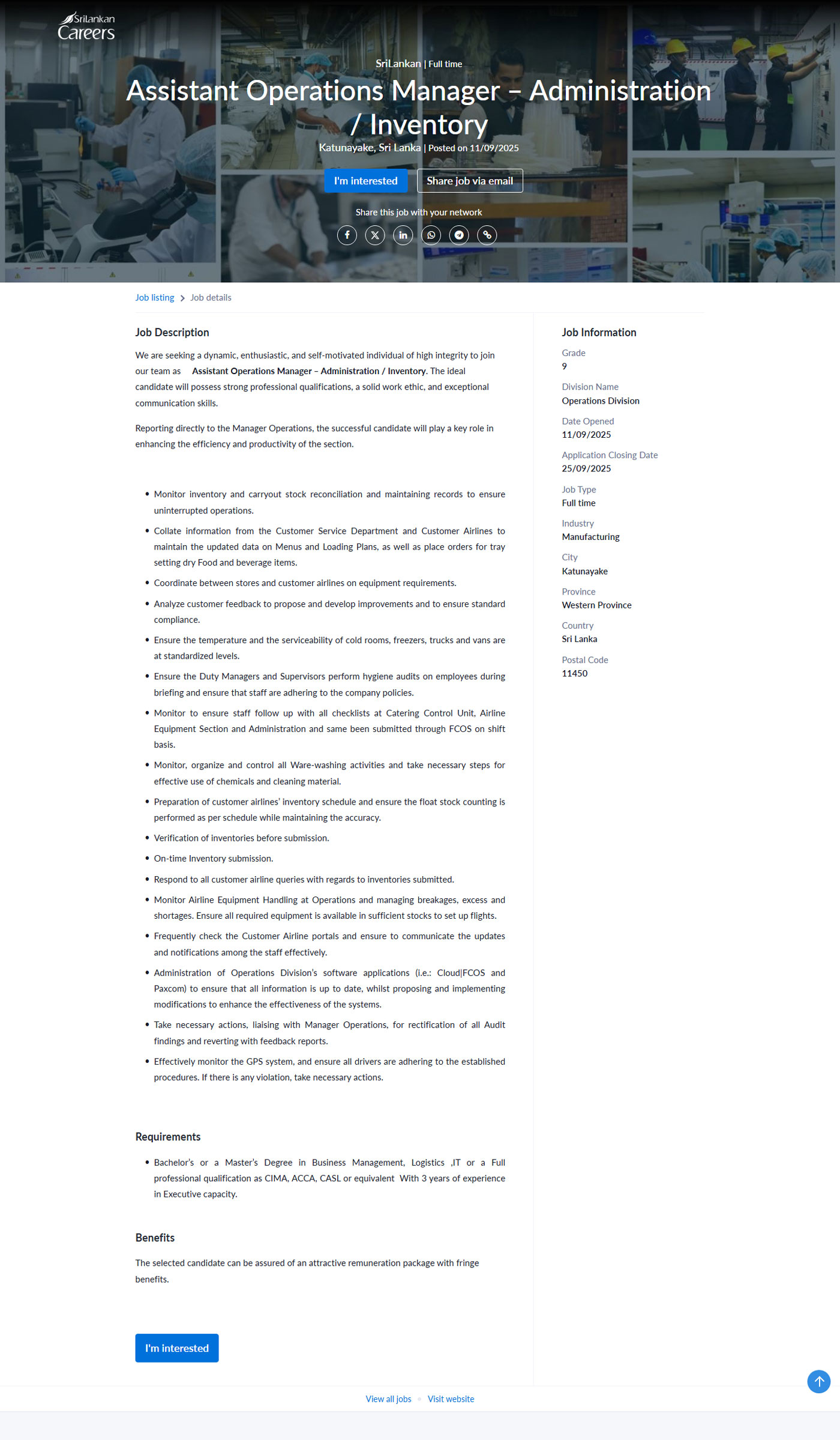 Assistant Operations Manager (Administration/Inventory) - Sri Lankan Airlines Limited