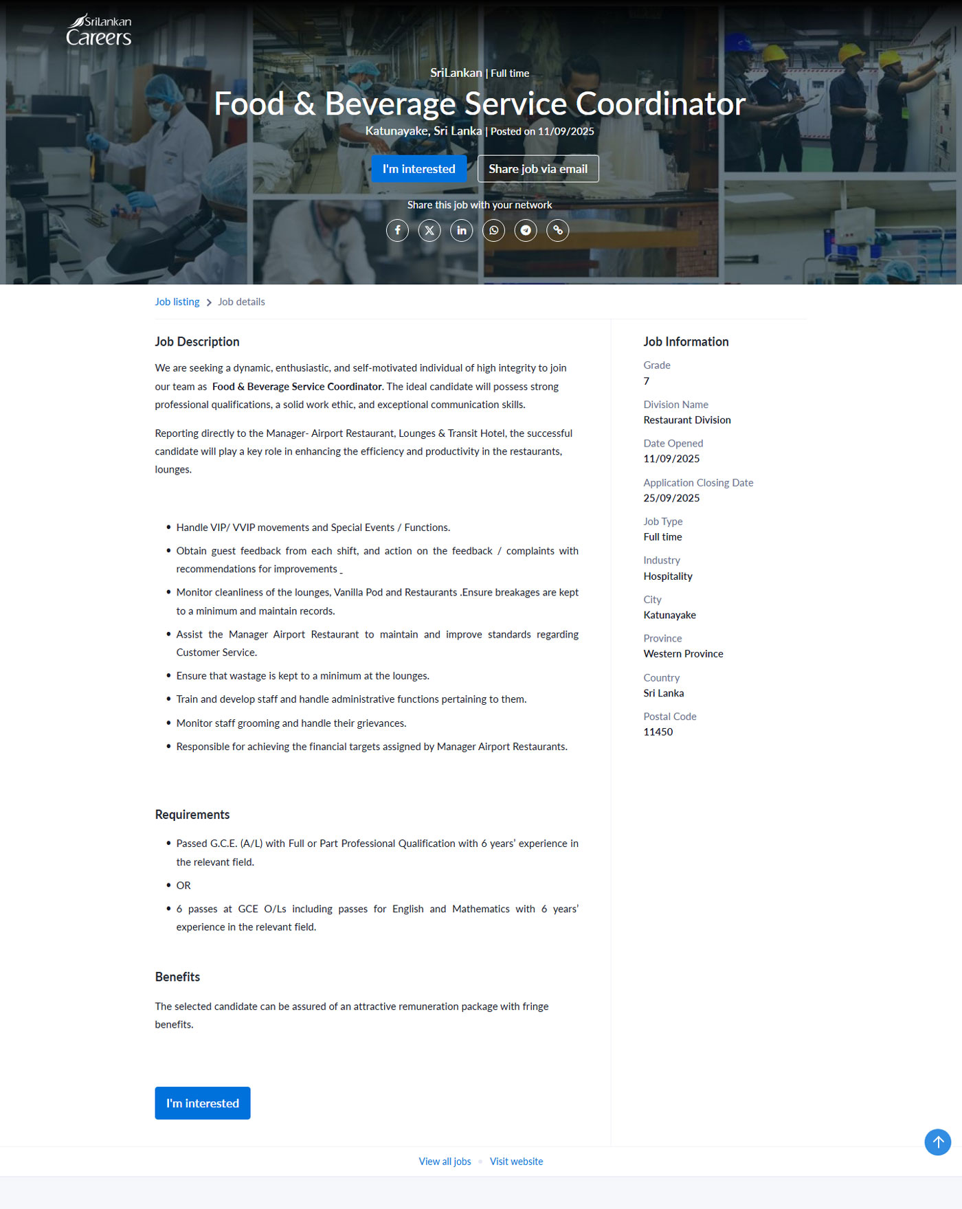 Food & Beverage Service Coordinator - Sri Lankan Airlines Limited  
