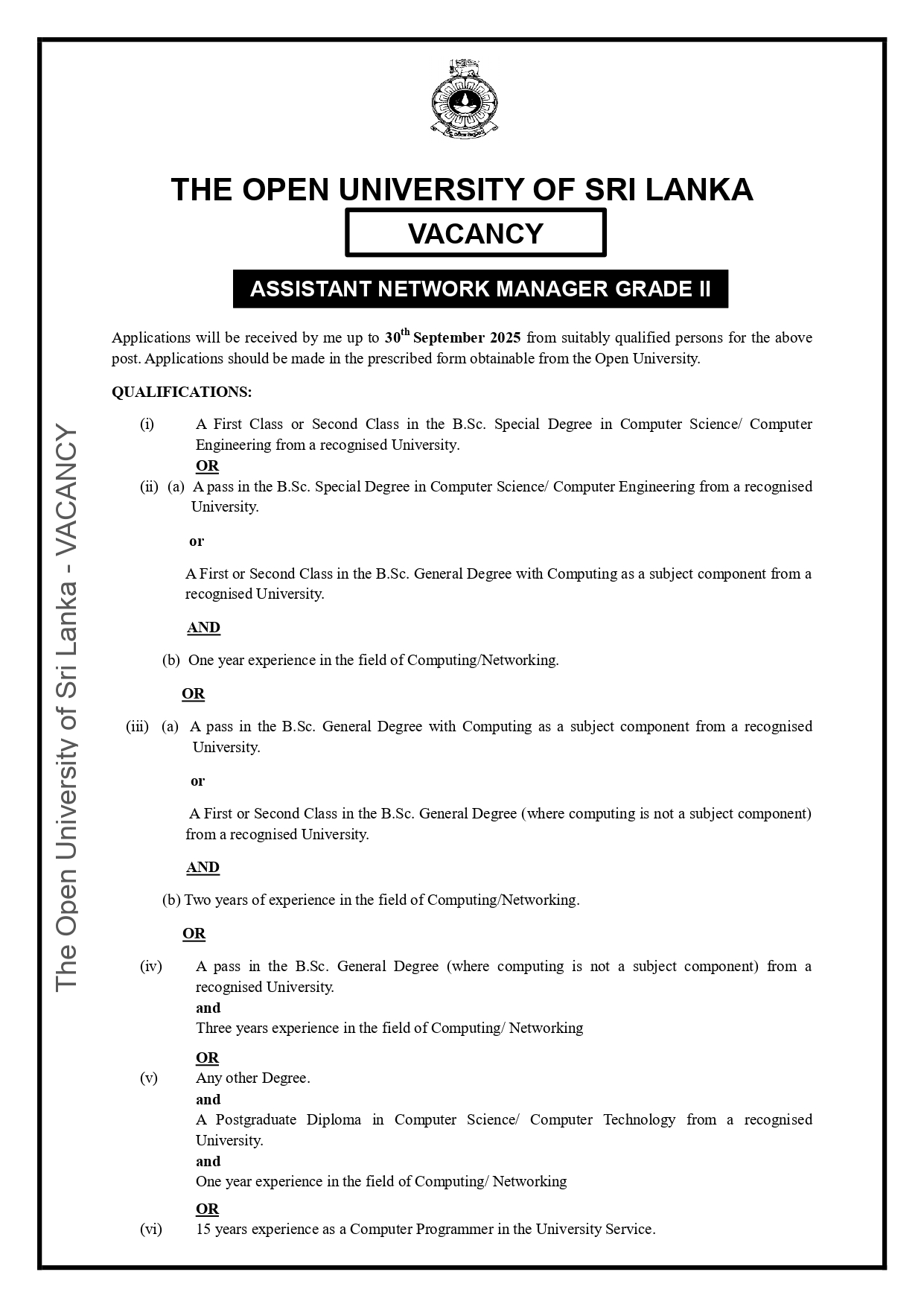 Assistant Network Manager - The Open University of Sri Lanka