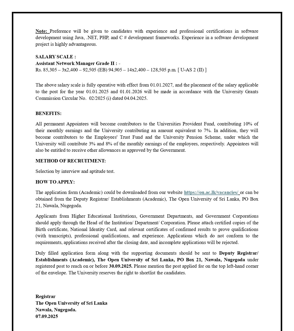 Assistant Network Manager - The Open University of Sri Lanka