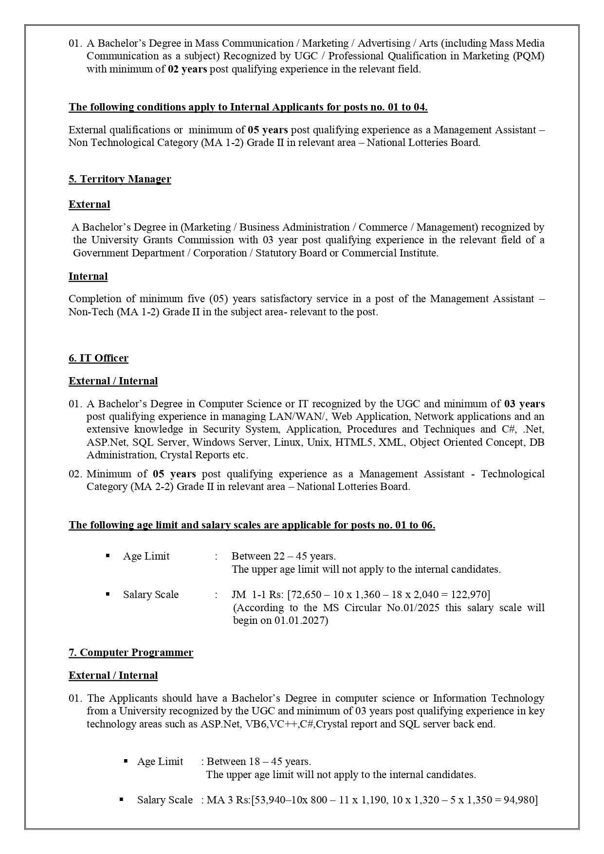 Sales Officer, Order Processing Officer, Public Relation Officer, Media Coordinating Officer, Territory Manager, IT Officer, Computer Programmer - National Lotteries Board