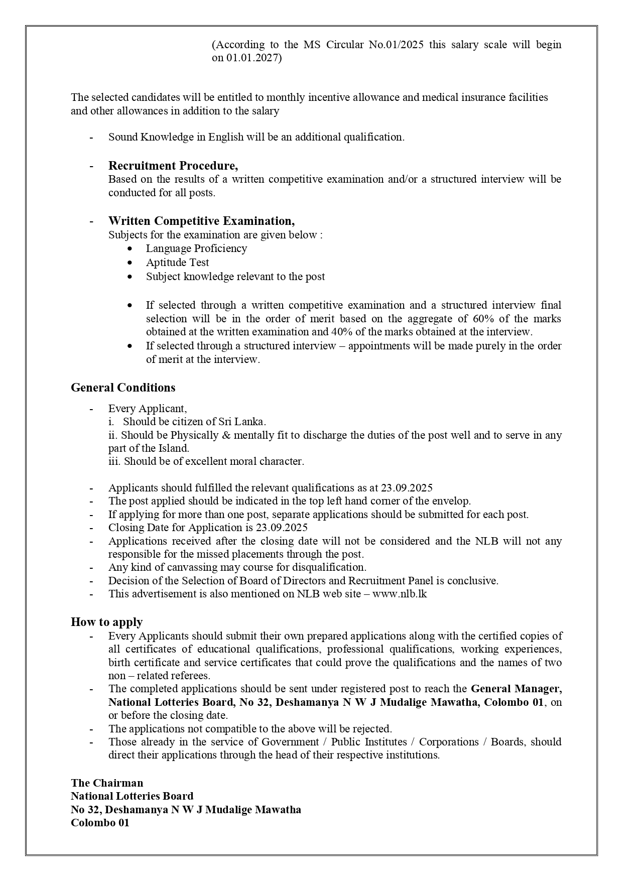 Sales Officer, Order Processing Officer, Public Relation Officer, Media Coordinating Officer, Territory Manager, IT Officer, Computer Programmer - National Lotteries Board